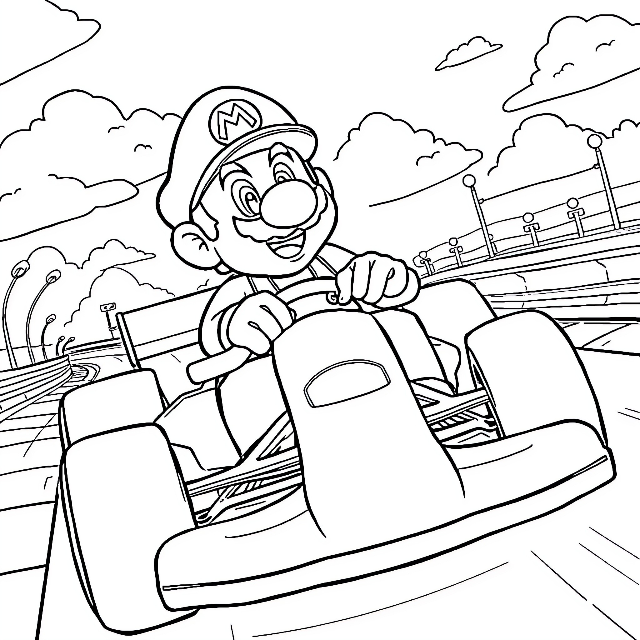 Super Mario racing on the track Coloring Page (free black-and-white line drawing printable PDF for all, from beginners to advanced learners, including children, teens, adults, and seniors)