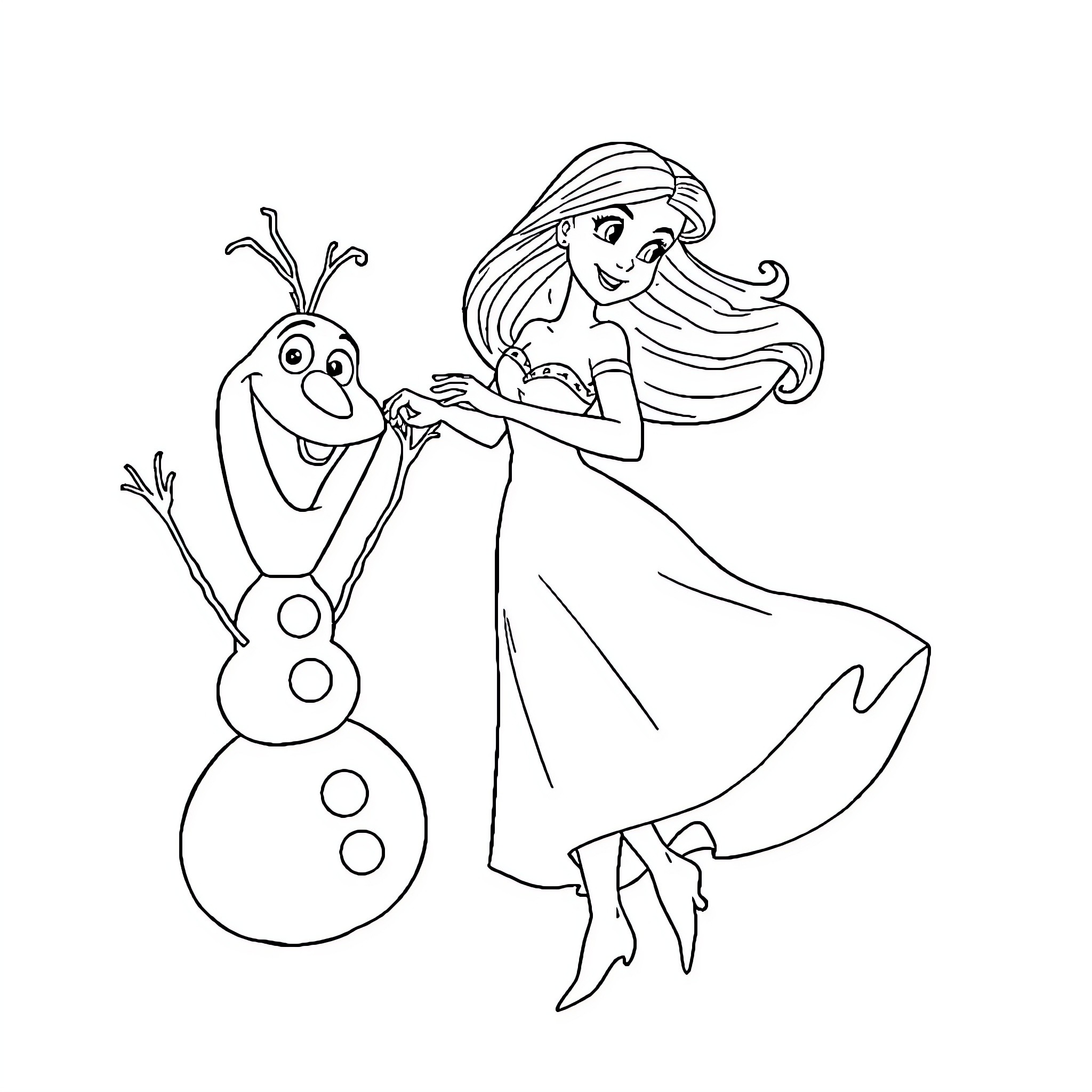 Ariel enjoying a playful moment with Olaf Coloring Page (free black-and-white line drawing printable PDF for all, from beginners to advanced learners, including children, teens, adults, and seniors)