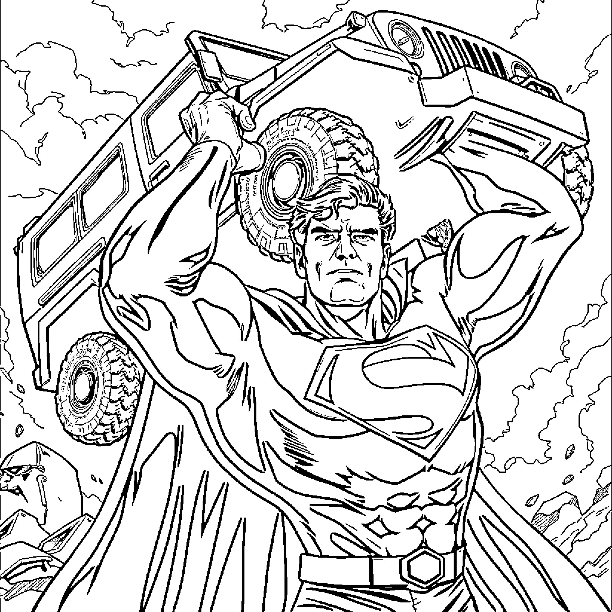 Superman battling heroically in a dramatic scene Coloring Page (free black-and-white line drawing printable PDF for all, from beginners to advanced learners, including children, teens, adults, and seniors)