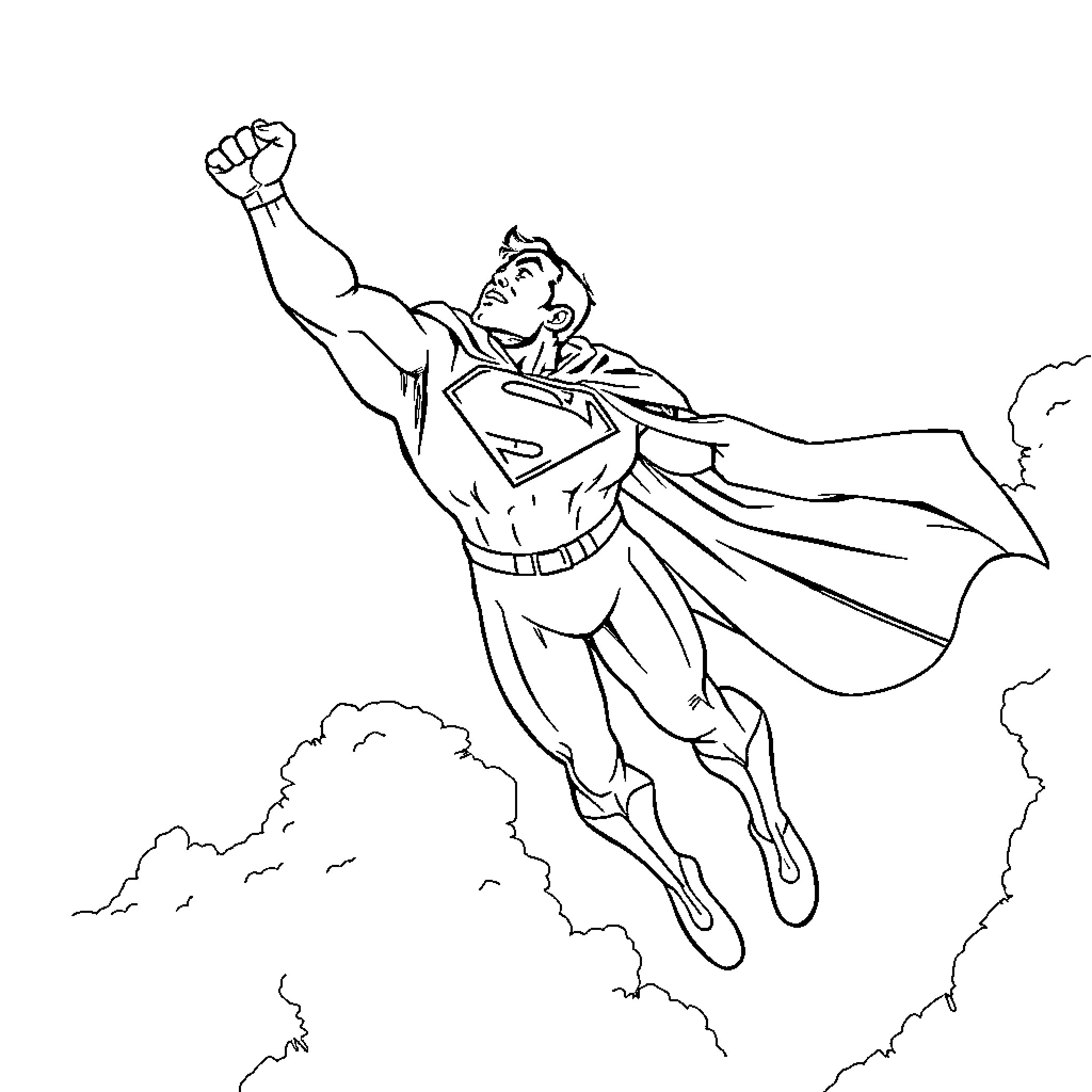 Superman soaring through the sky with determination Coloring Page (free black-and-white line drawing printable PDF for all, from beginners to advanced learners, including children, teens, adults, and seniors)