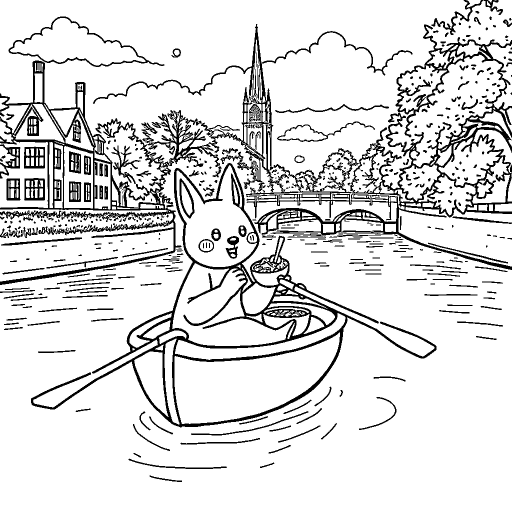 Huntrix's Playful Boat Ride in a Scenic Town Coloring Page (free black-and-white line drawing printable PDF for all, from beginners to advanced learners, including children, teens, adults, and seniors)