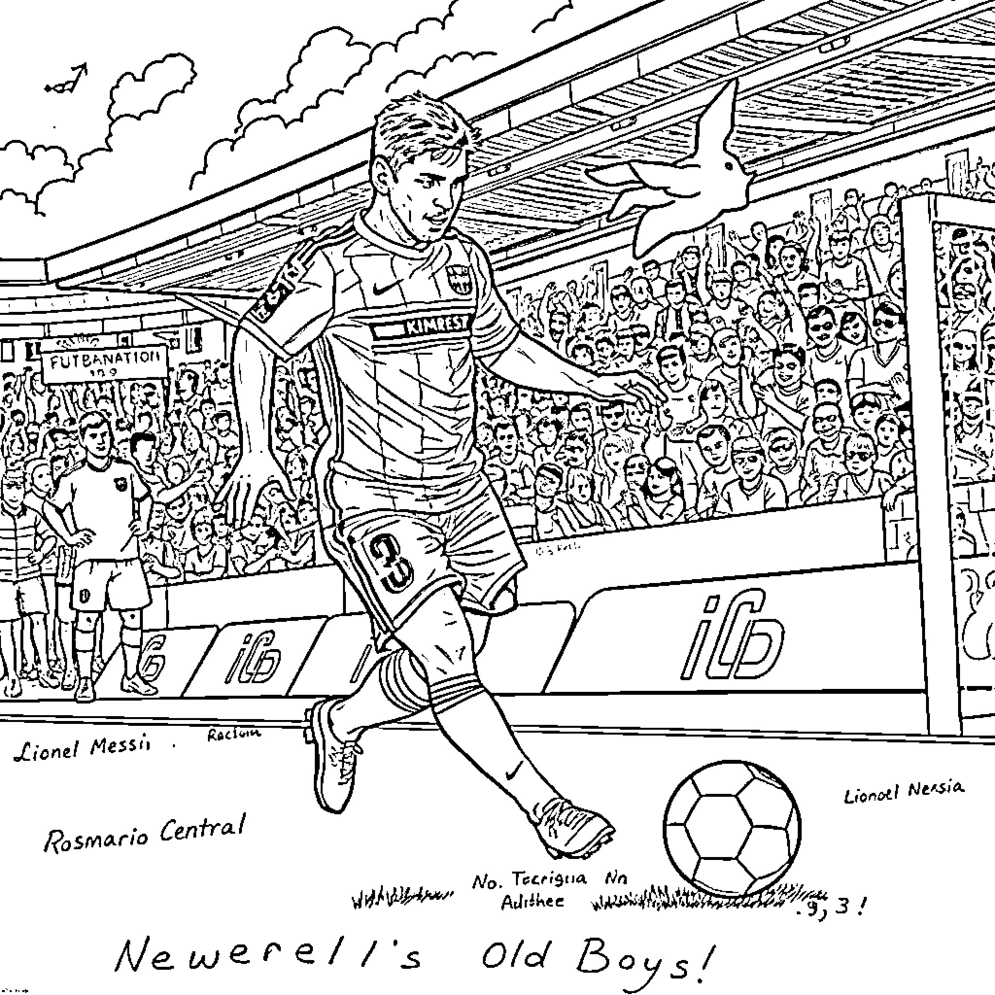 Messi Celebrating a Goal in Front of Cheering Crowd Coloring Page (free black-and-white line drawing printable PDF for all, from beginners to advanced learners, including children, teens, adults, and seniors)