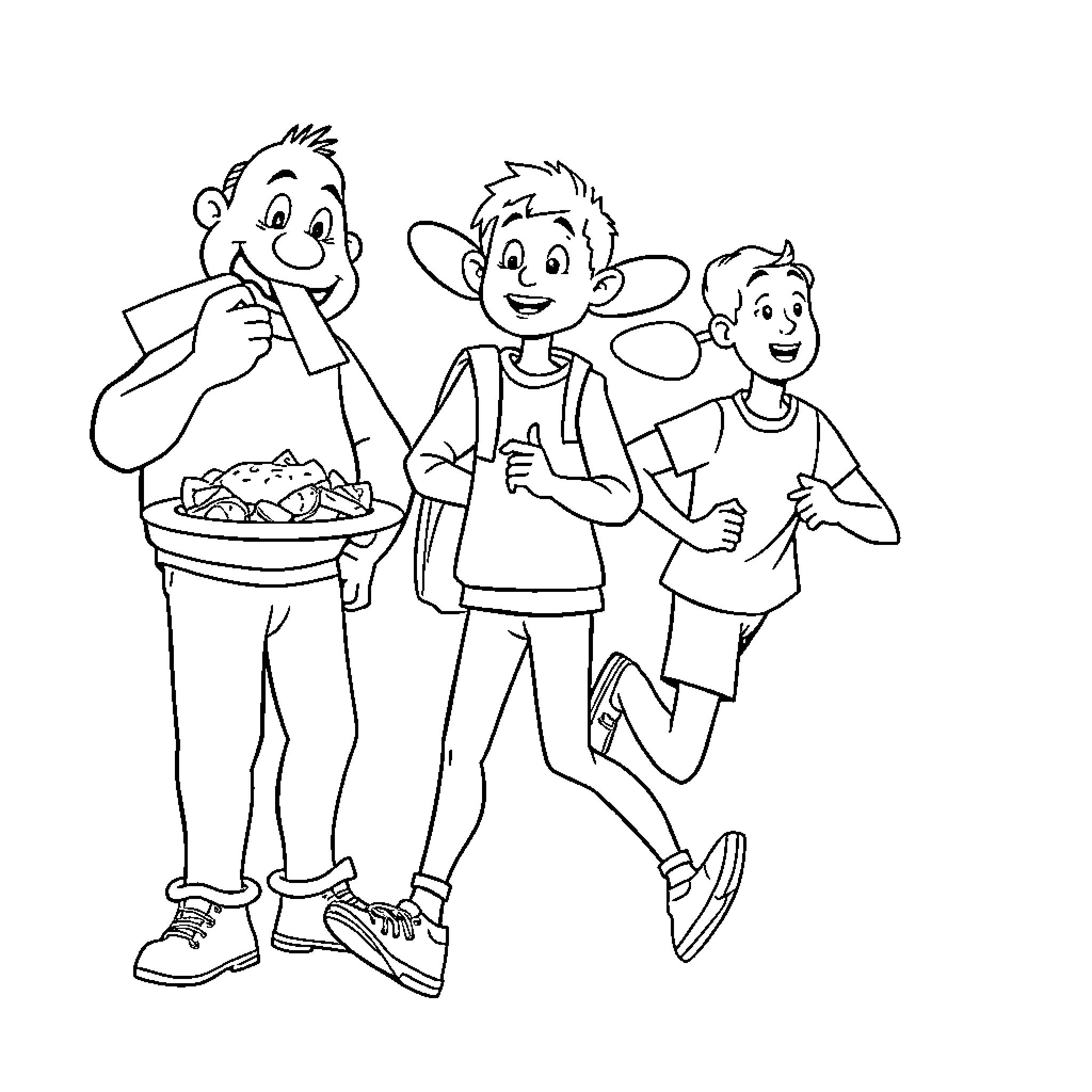 Person playing with friends and snacks Coloring Page (free black-and-white line drawing printable PDF for all, from beginners to advanced learners, including children, teens, adults, and seniors)