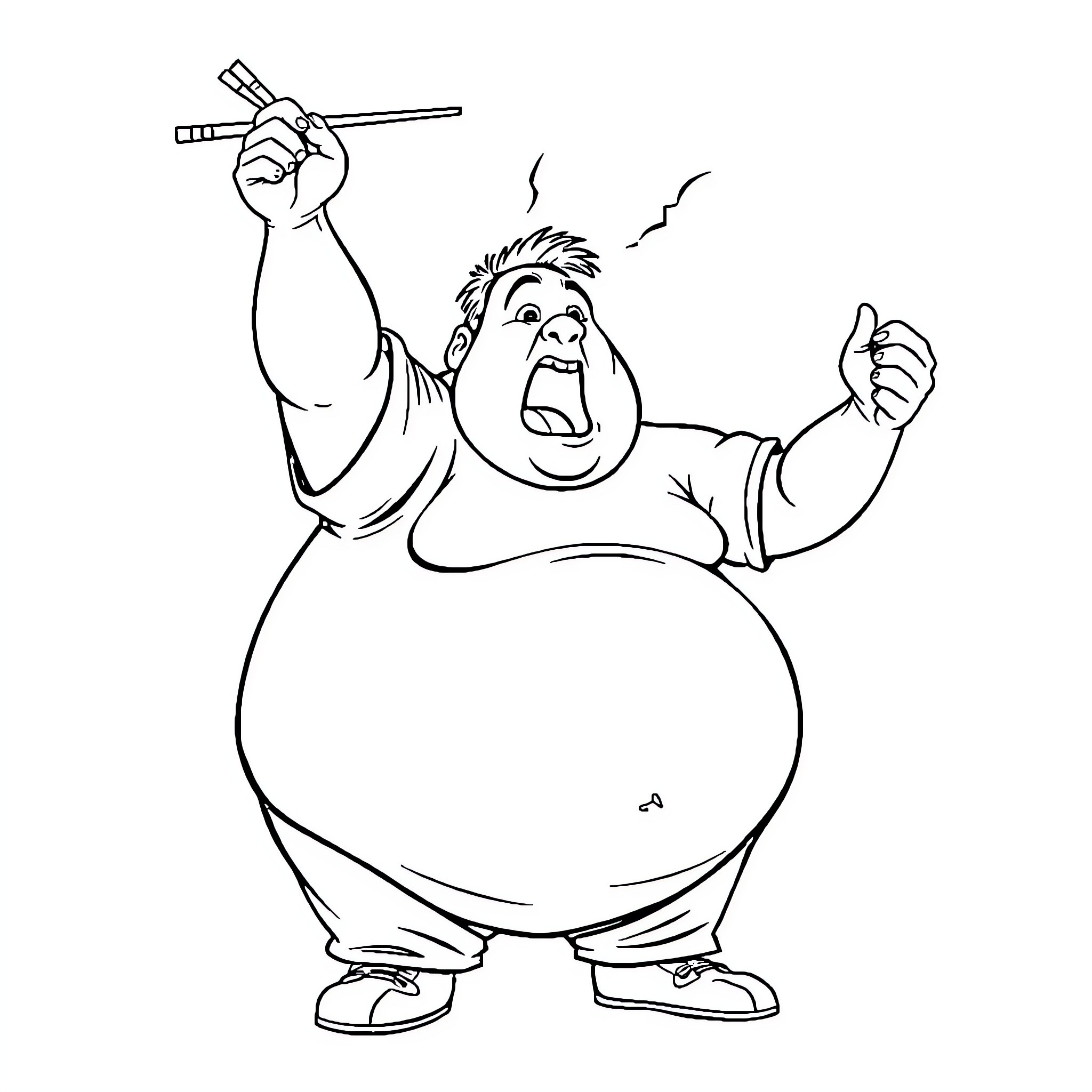 Man enthusiastically wielding kitchen utensil Coloring Page (free black-and-white line drawing printable PDF for all, from beginners to advanced learners, including children, teens, adults, and seniors)