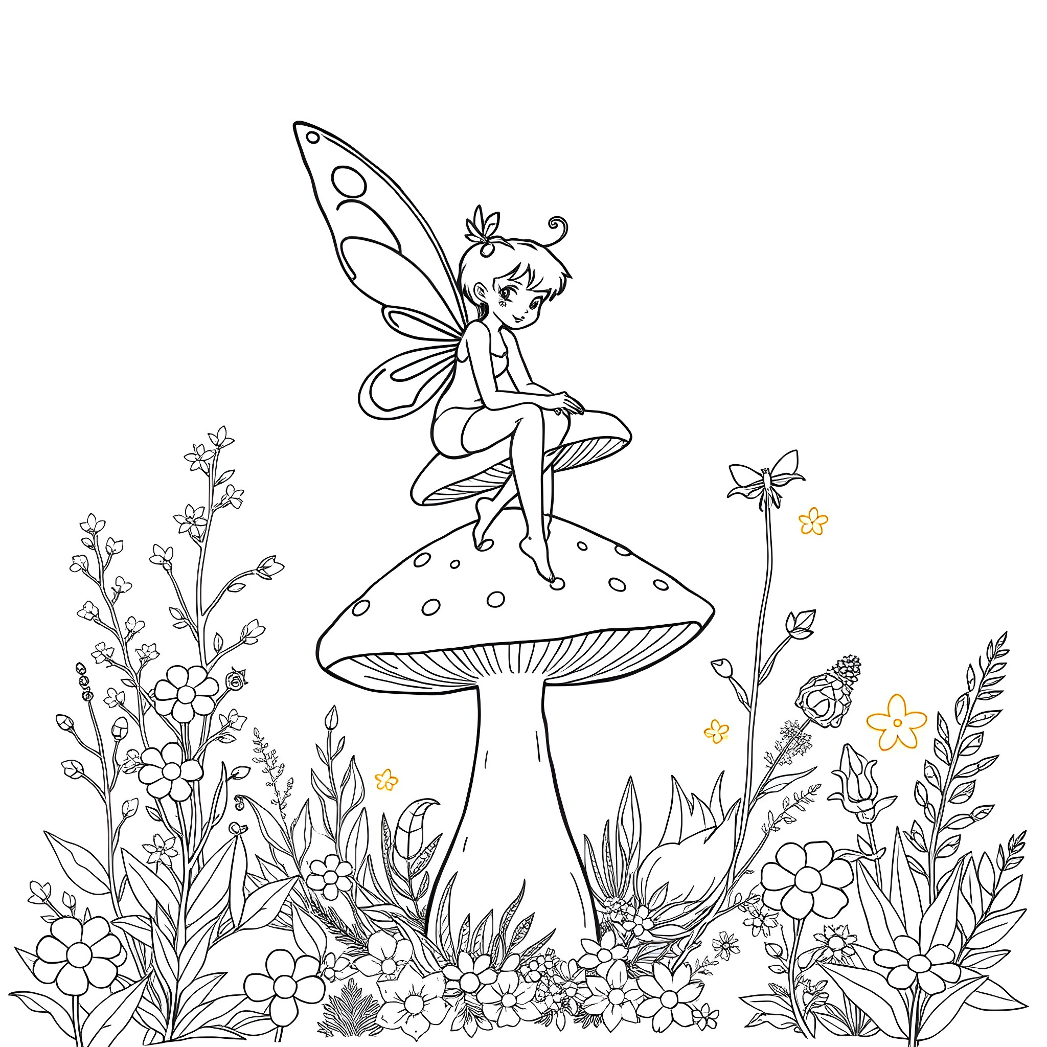 Mushroom fairy sitting on a toadstool surrounded by flowers Coloring Page (free black-and-white line drawing printable PDF for all, from beginners to advanced learners, including children, teens, adults, and seniors)