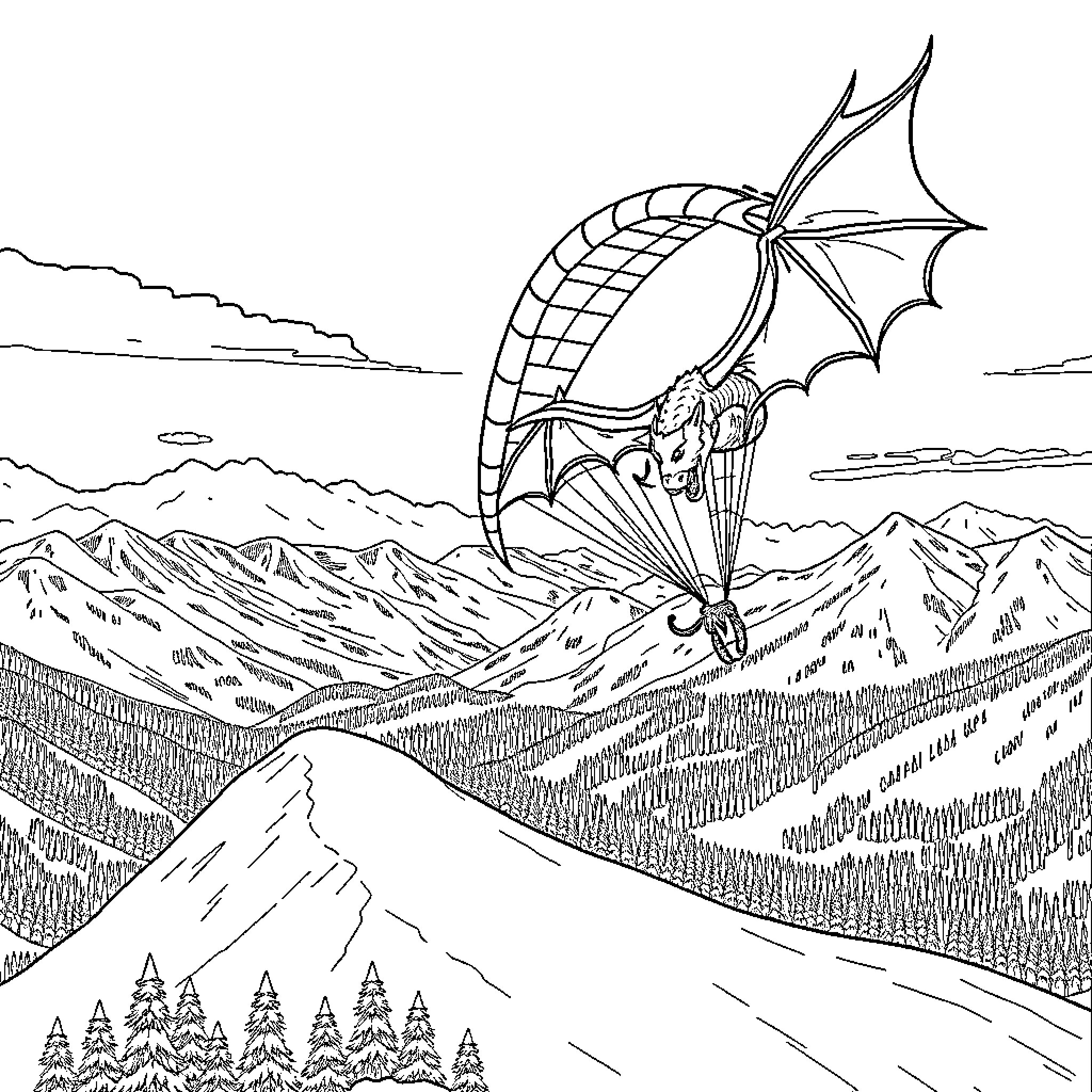 Paraglider soaring over majestic mountain landscape Coloring Page (free black-and-white line drawing printable PDF for all, from beginners to advanced learners, including children, teens, adults, and seniors)