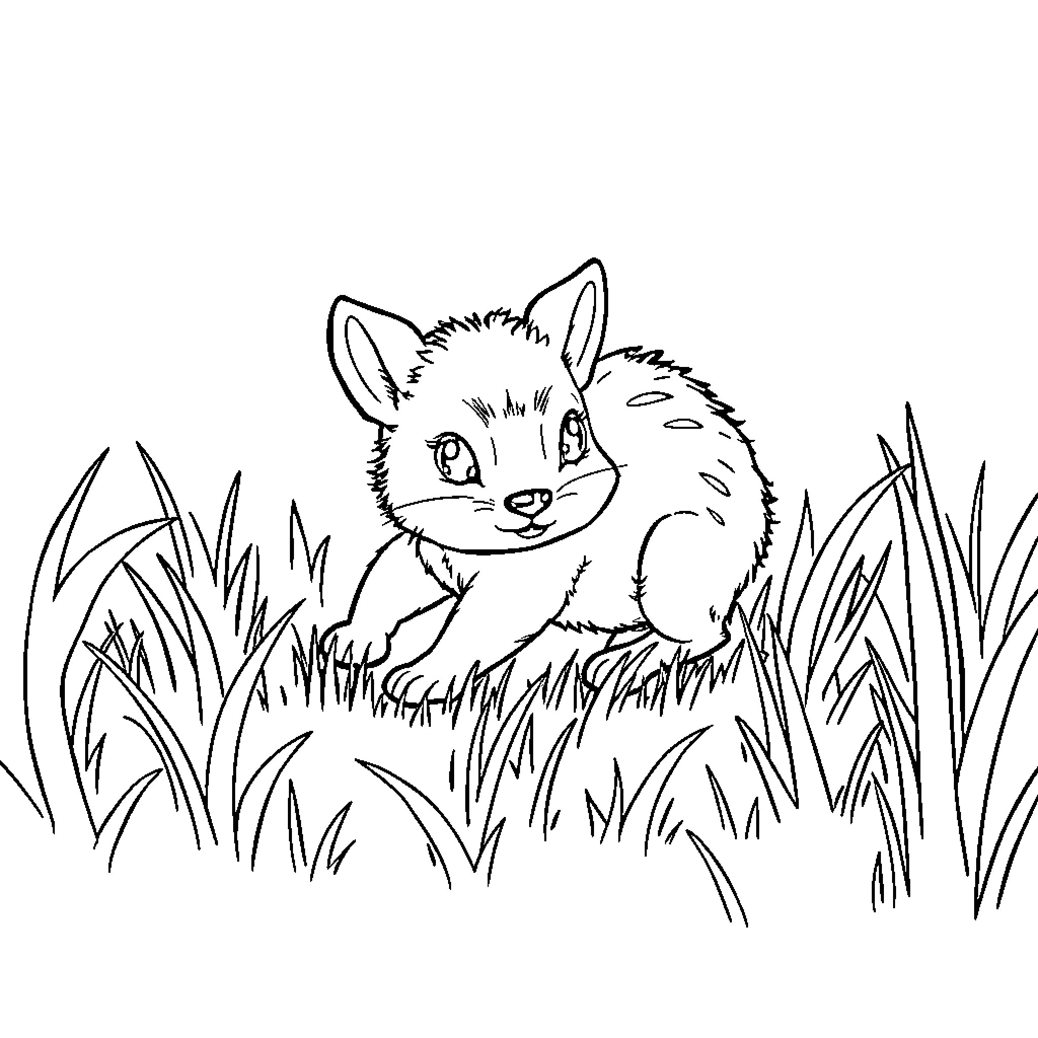 Animal playfully hiding in tall grass Coloring Page (free black-and-white line drawing printable PDF for all, from beginners to advanced learners, including children, teens, adults, and seniors)