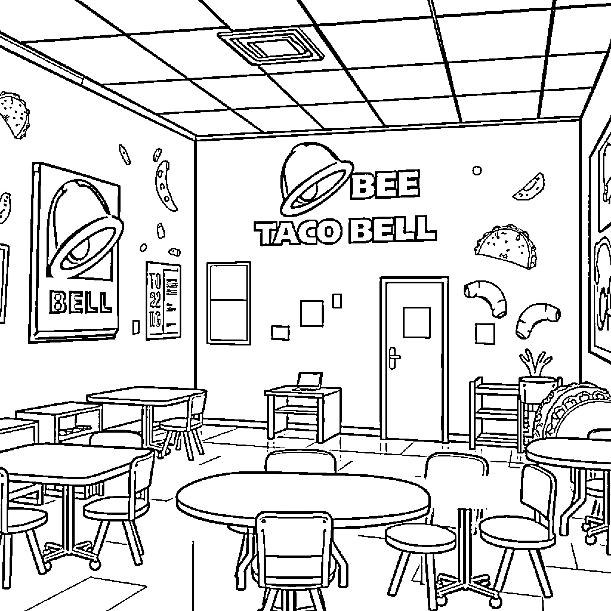 Taco Bell interior with logo and restaurant furnishings Coloring Page (free black-and-white line drawing printable PDF for all, from beginners to advanced learners, including children, teens, adults, and seniors)