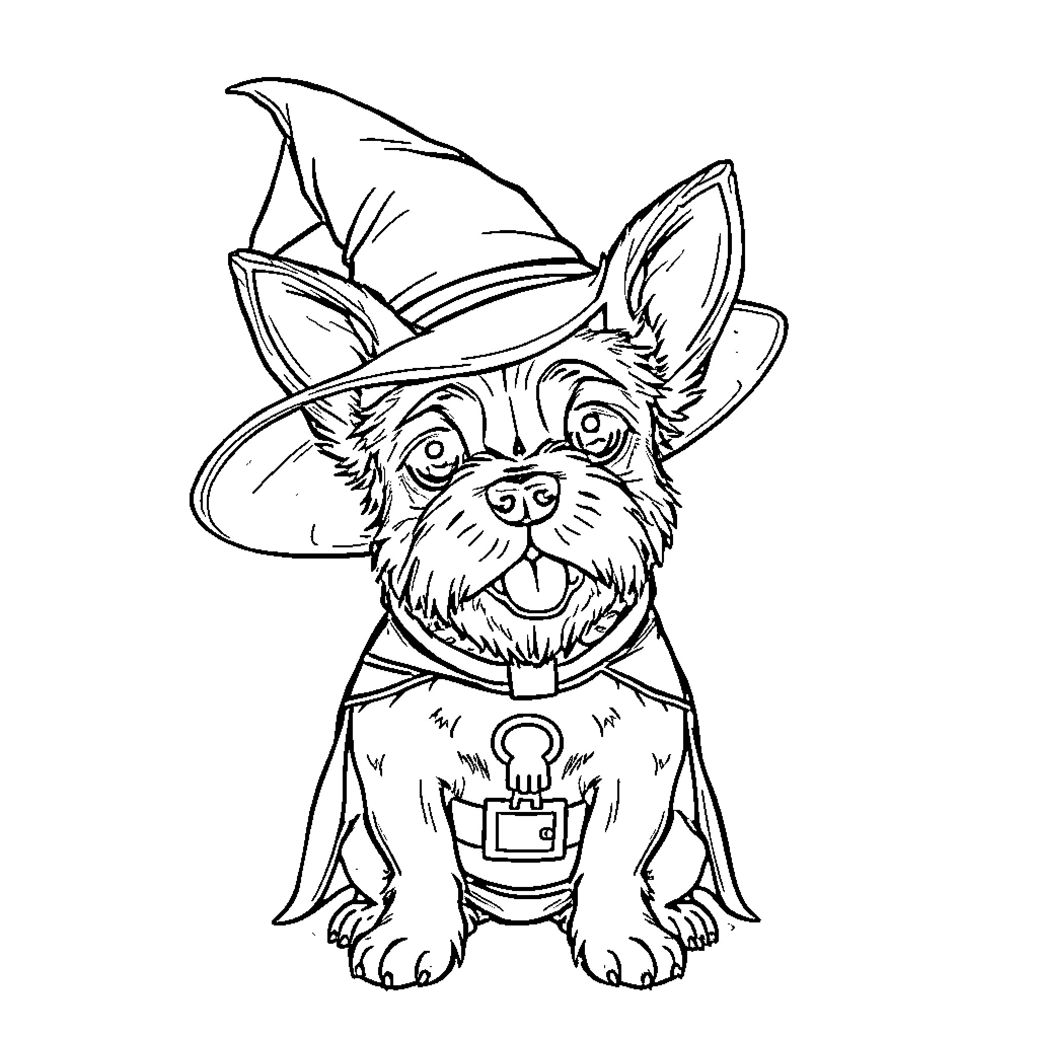 Wiener Dog in Cute Witch Costume Coloring Page (free black-and-white line drawing printable PDF for all, from beginners to advanced learners, including children, teens, adults, and seniors)