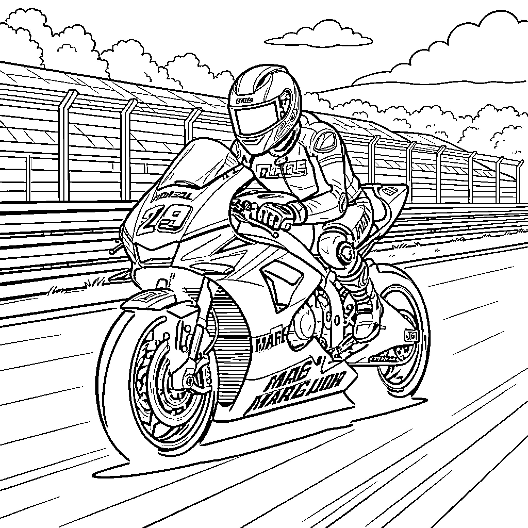 Marc Marquez speeding on a motorcycle on the racetrack Coloring Page (free black-and-white line drawing printable PDF for all, from beginners to advanced learners, including children, teens, adults, and seniors)