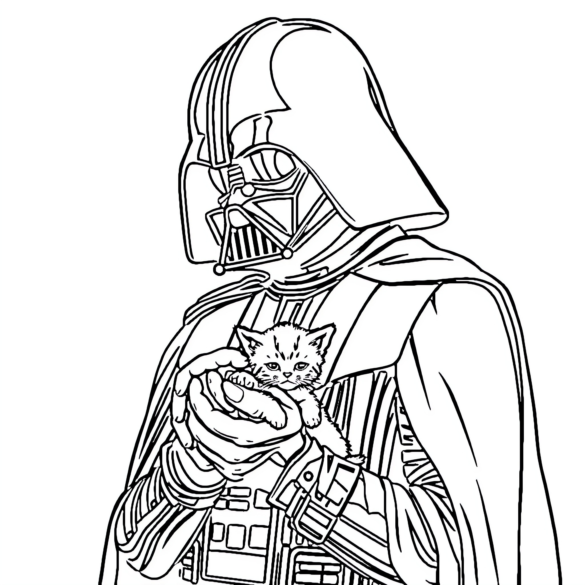 Darth Vader holding a kitten in his arms Coloring Page (free black-and-white line drawing printable PDF for all, from beginners to advanced learners, including children, teens, adults, and seniors)