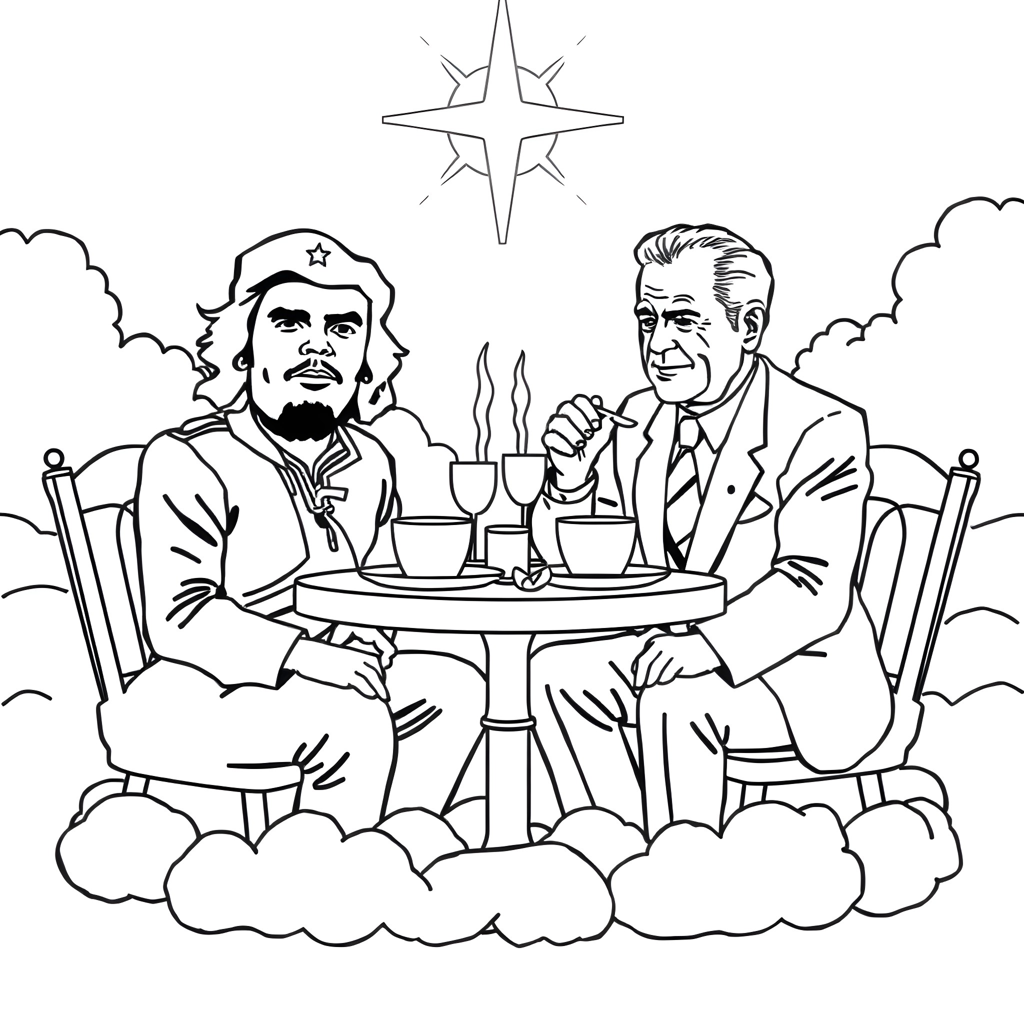 Che Guevara and a Businessman Sharing a Meal in the Clouds Coloring Page (free black-and-white line drawing printable PDF for all, from beginners to advanced learners, including children, teens, adults, and seniors)