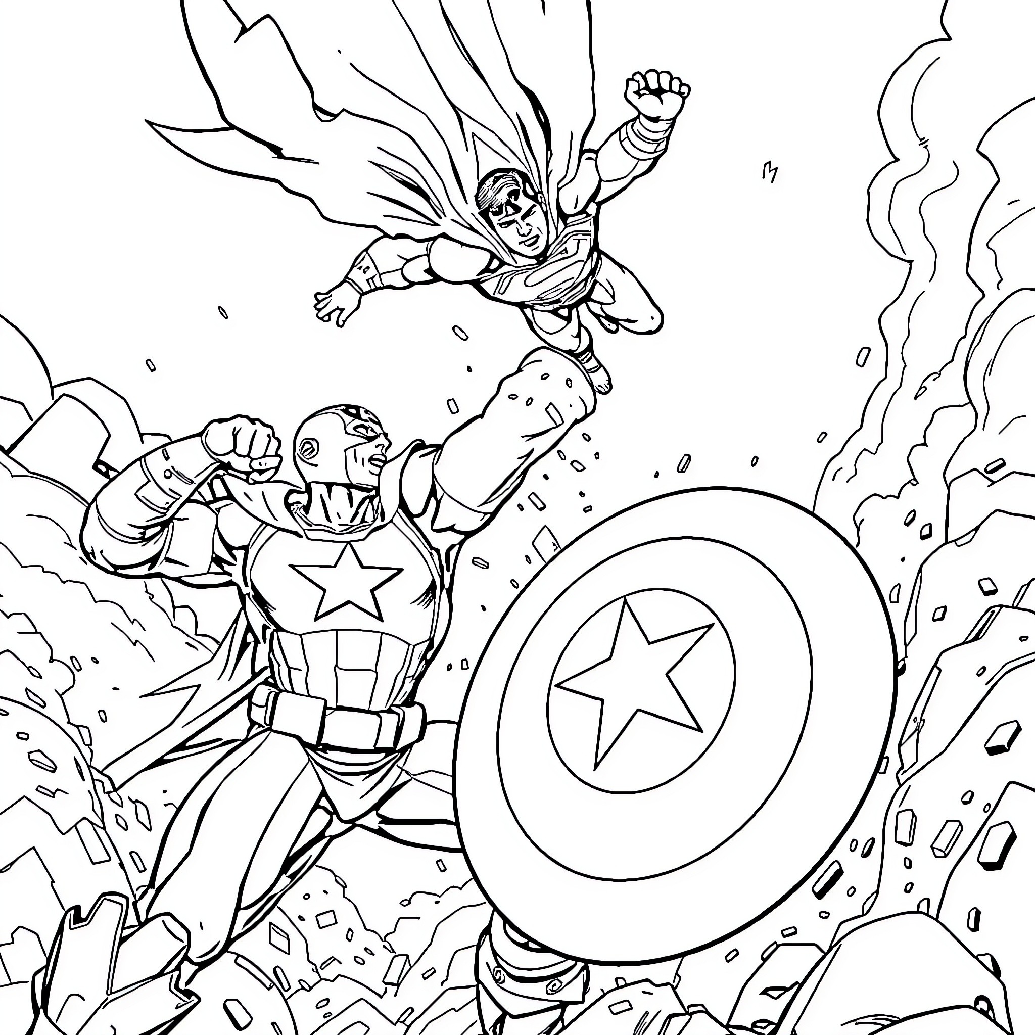 Superman battling alongside Captain America in action Coloring Page (free black-and-white line drawing printable PDF for all, from beginners to advanced learners, including children, teens, adults, and seniors)