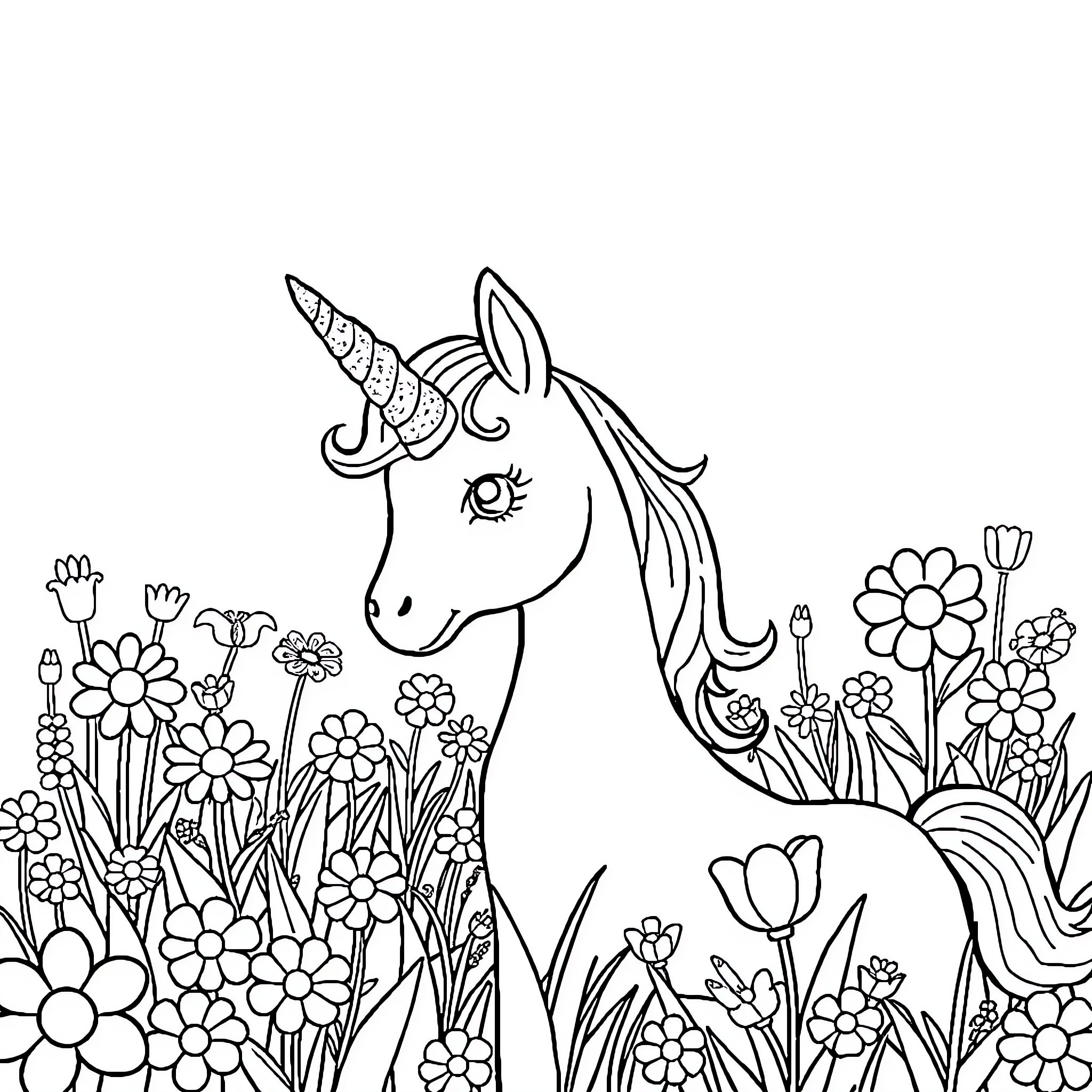 Unicorn standing amidst a field of flowers Coloring Page (free black-and-white line drawing printable PDF for all, from beginners to advanced learners, including children, teens, adults, and seniors)