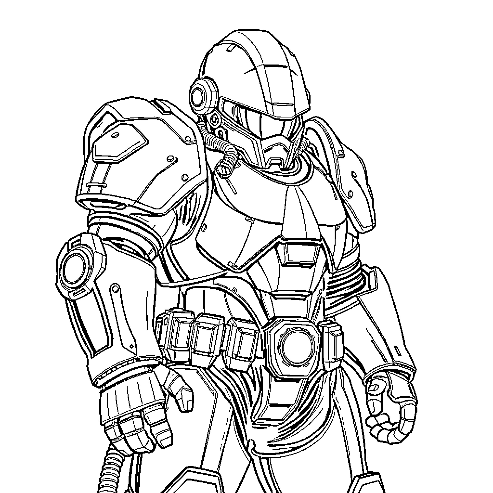 Armor-clad warrior in commanding pose Coloring Page (free black-and-white line drawing printable PDF for all, from beginners to advanced learners, including children, teens, adults, and seniors)