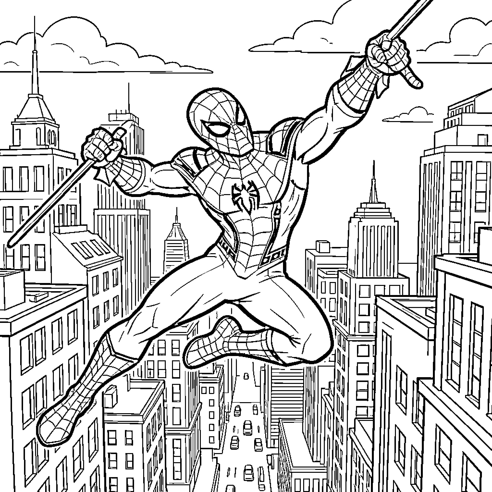 Hydrespiderman swinging through a tall city skyline Coloring Page (free black-and-white line drawing printable PDF for all, from beginners to advanced learners, including children, teens, adults, and seniors)