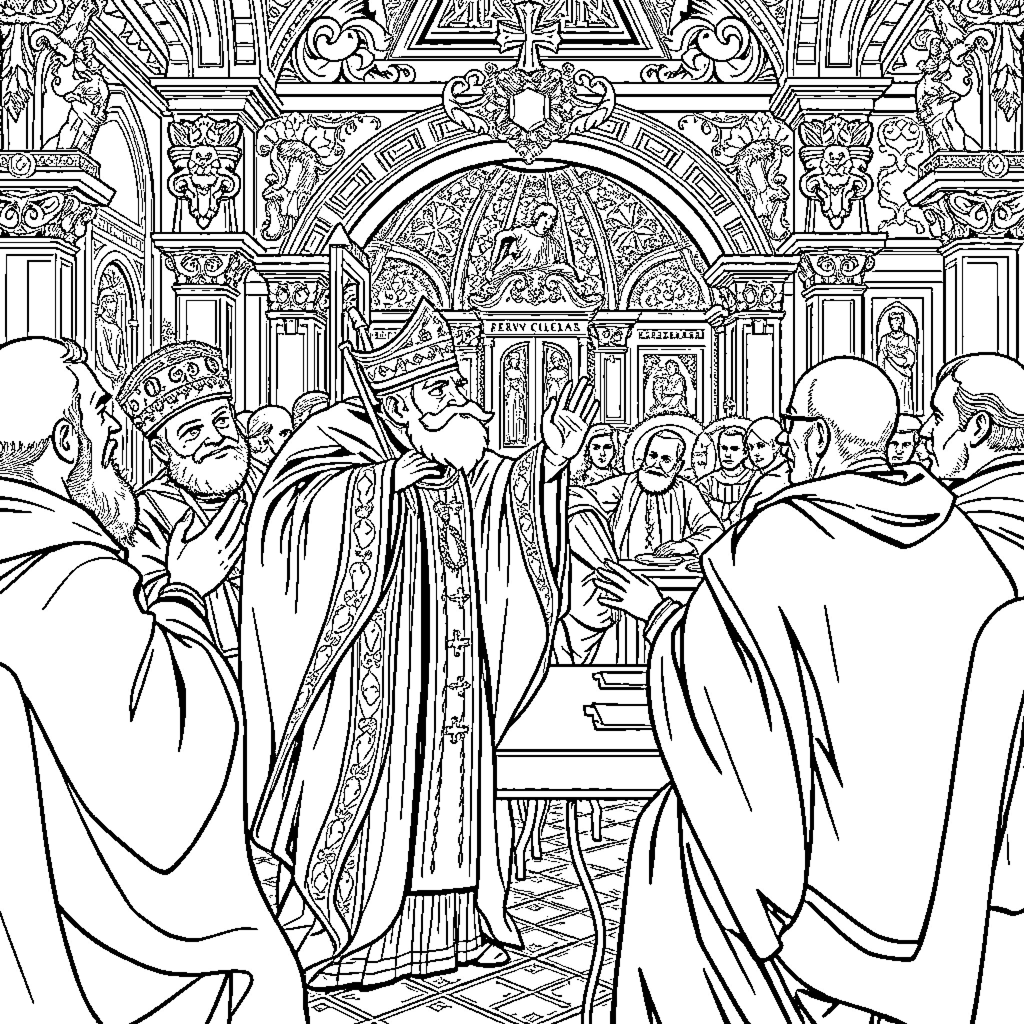 Saint Nicholas presiding over a solemn religious ceremony Coloring Page (free black-and-white line drawing printable PDF for all, from beginners to advanced learners, including children, teens, adults, and seniors)
