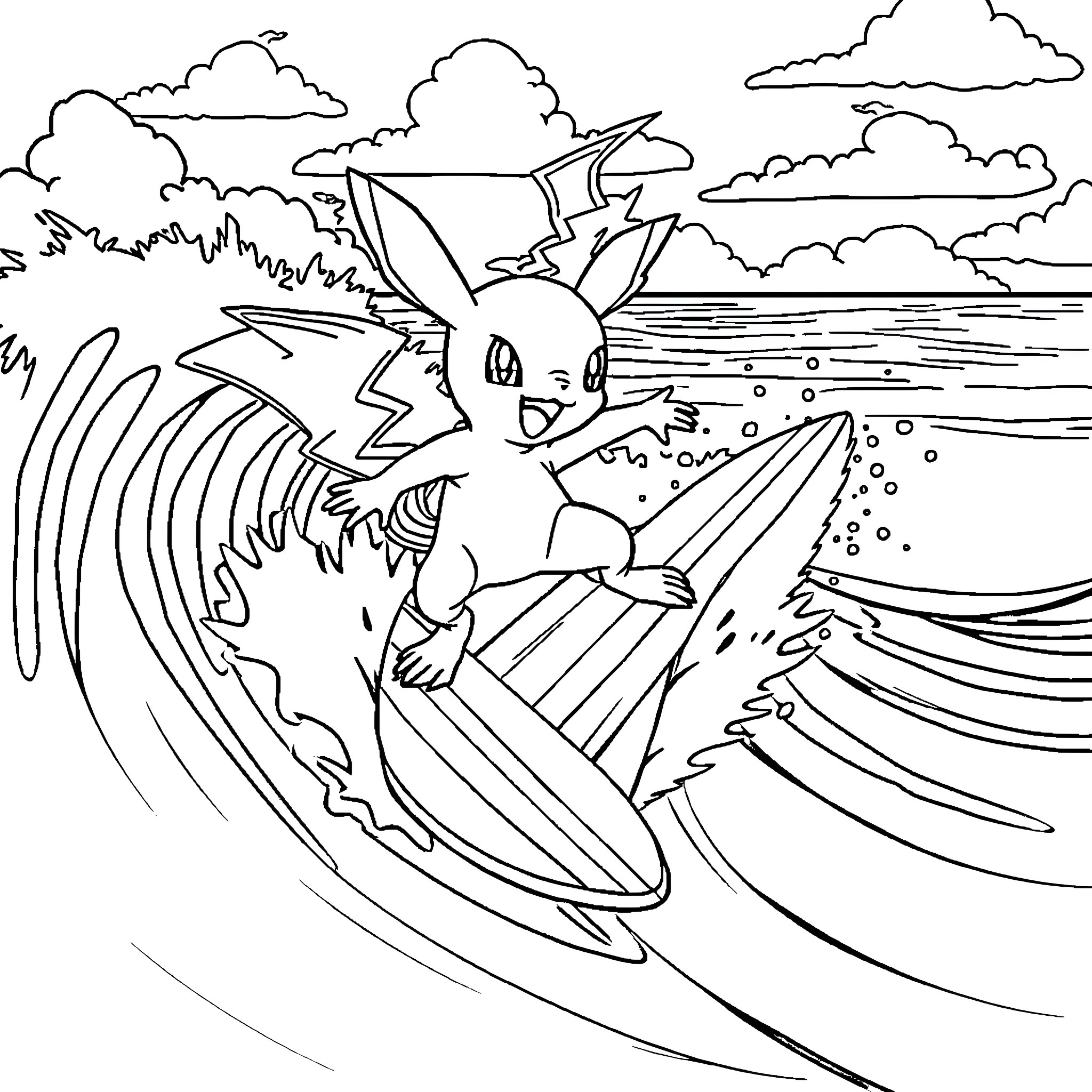 EV Pokémon surfing on a giant wave Coloring Page (free black-and-white line drawing printable PDF for all, from beginners to advanced learners, including children, teens, adults, and seniors)