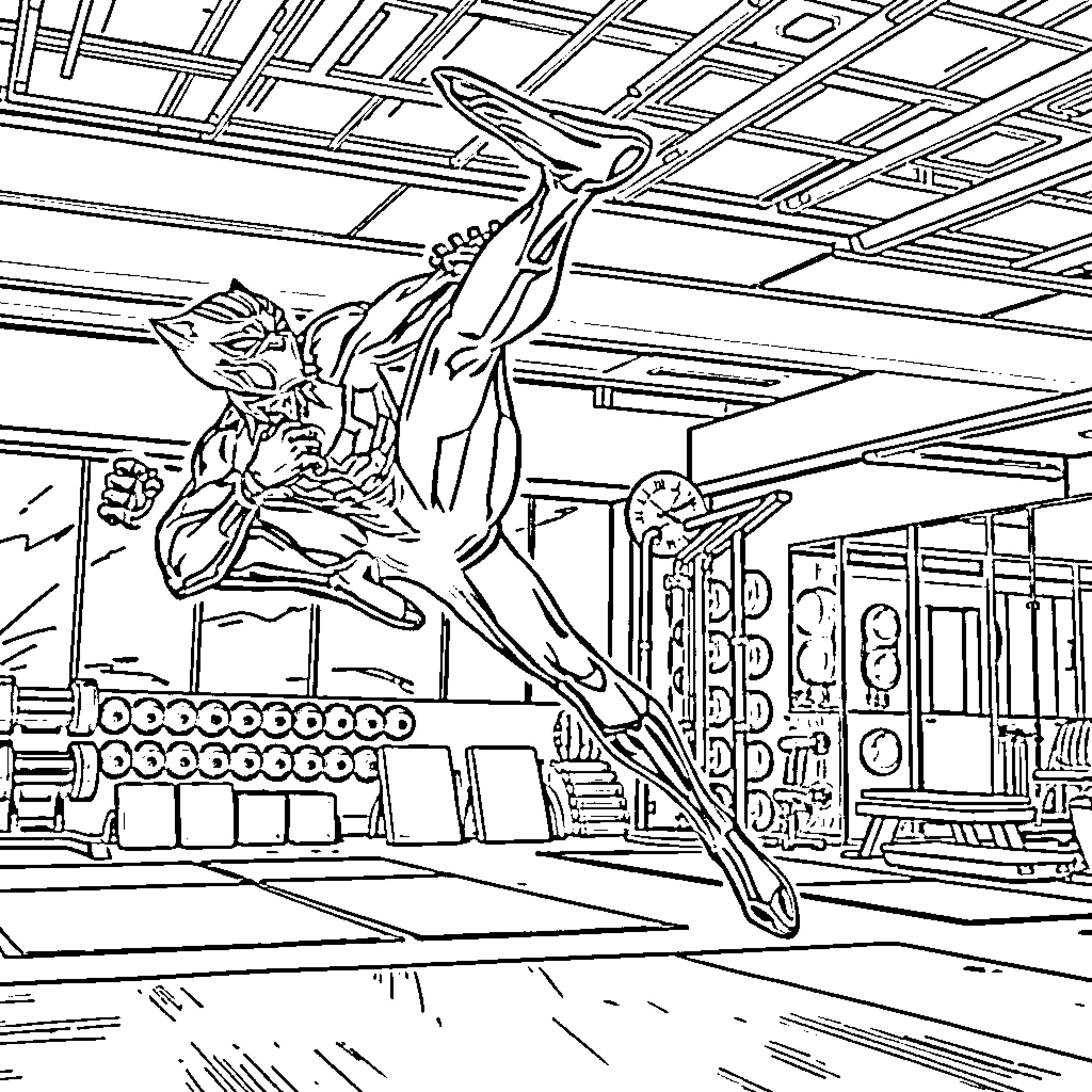 Black Panther leaping into action Coloring Page (free black-and-white line drawing printable PDF for all, from beginners to advanced learners, including children, teens, adults, and seniors)