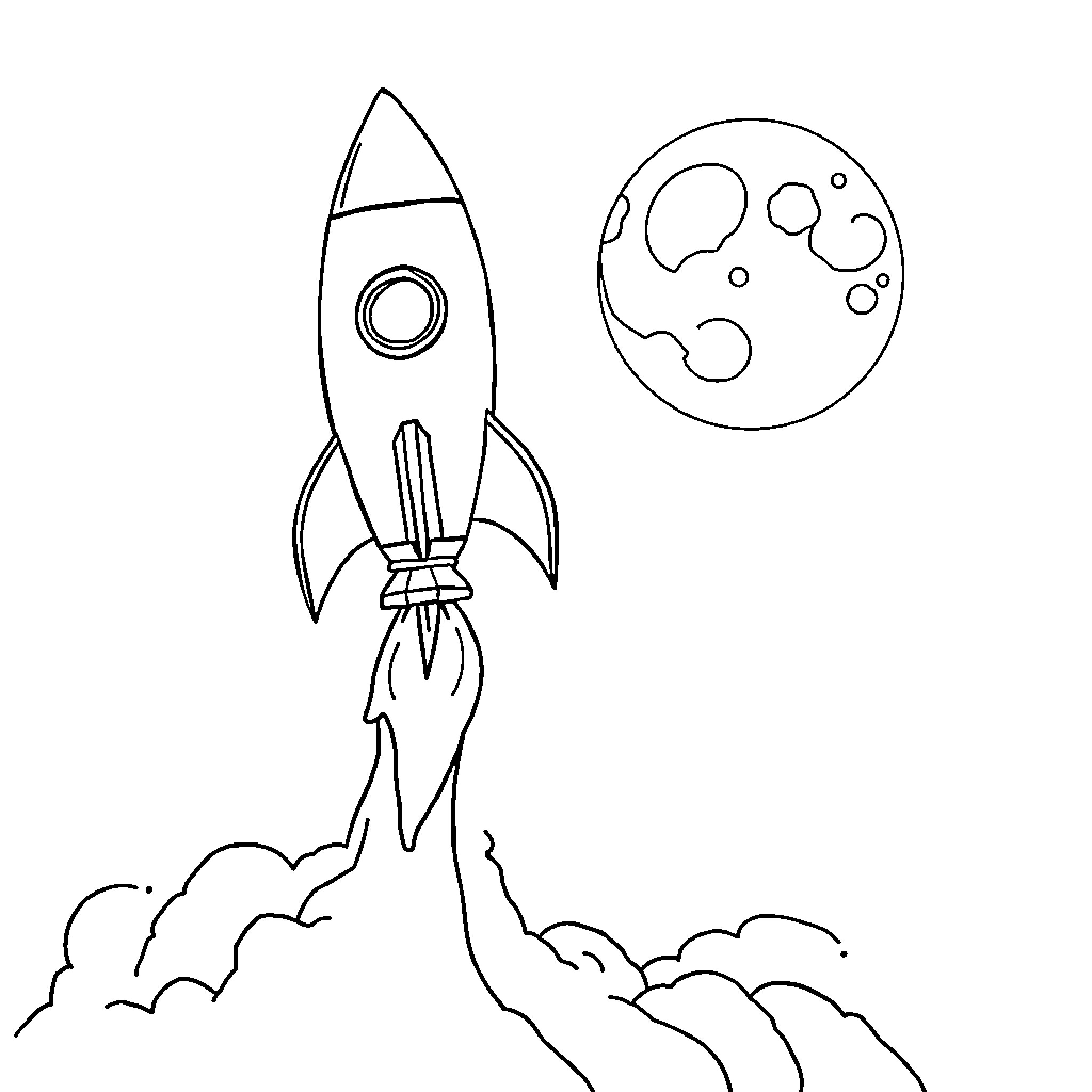 Rocket Launching into Space Coloring Page (free black-and-white line drawing printable PDF for all, from beginners to advanced learners, including children, teens, adults, and seniors)