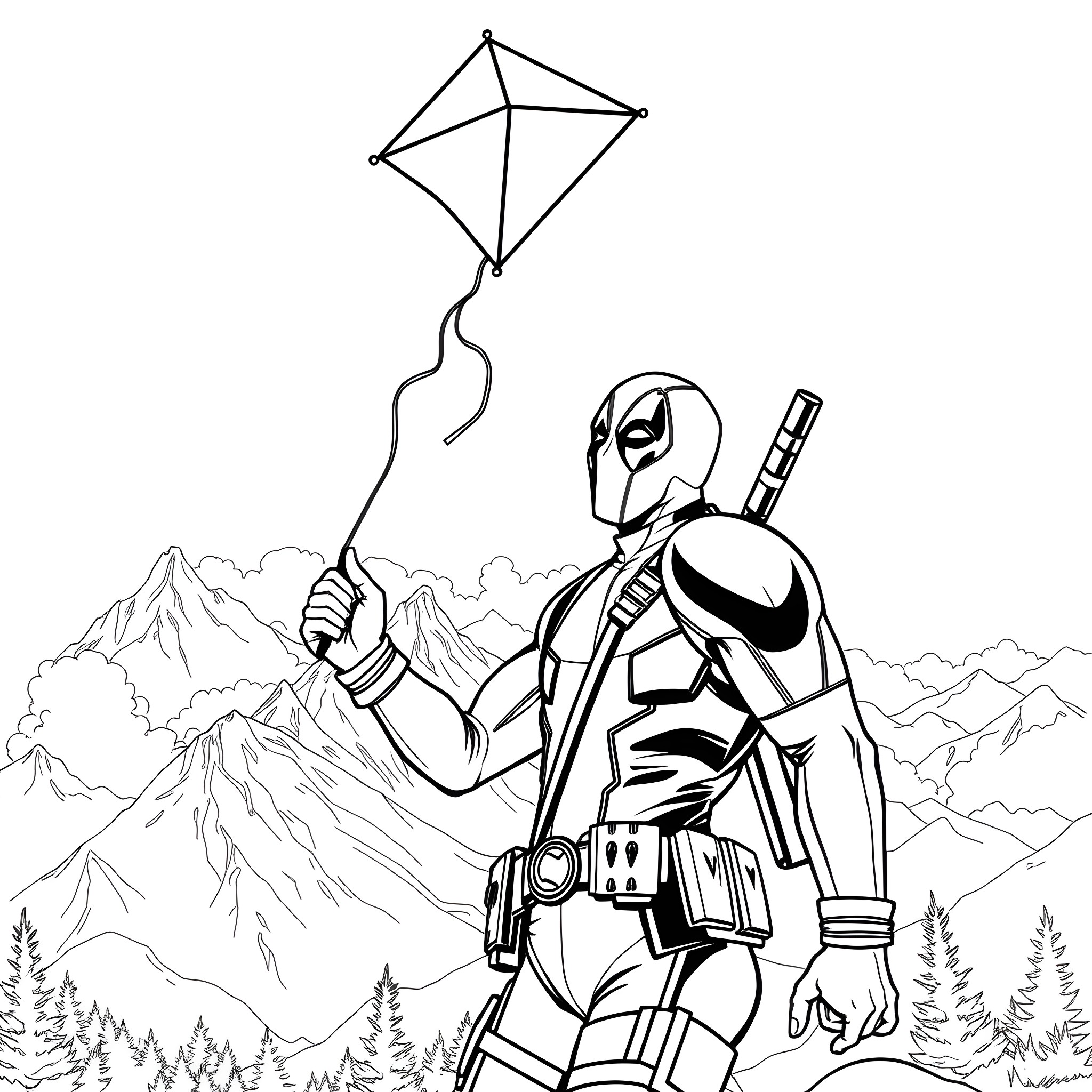 Deadpool Enjoying Kite Flying in the Mountains Coloring Page (free black-and-white line drawing printable PDF for all, from beginners to advanced learners, including children, teens, adults, and seniors)