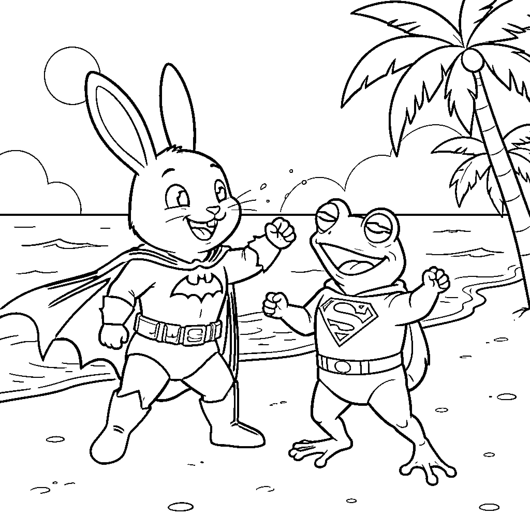 Rabbit superheroes battling on the beach Coloring Page (free black-and-white line drawing printable PDF for all, from beginners to advanced learners, including children, teens, adults, and seniors)
