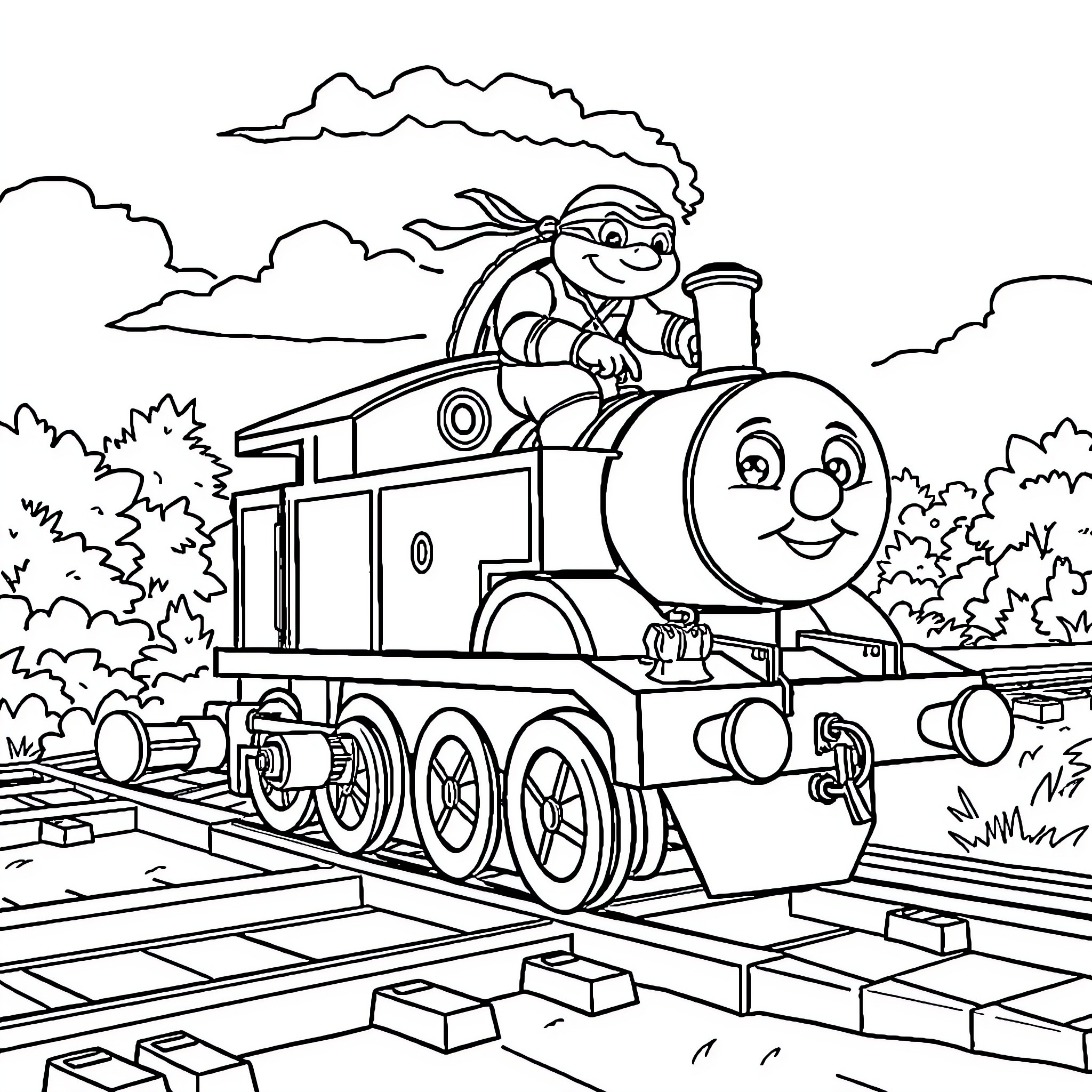 Leonardo's Playful Train Adventure Coloring Page (free black-and-white line drawing printable PDF for all, from beginners to advanced learners, including children, teens, adults, and seniors)