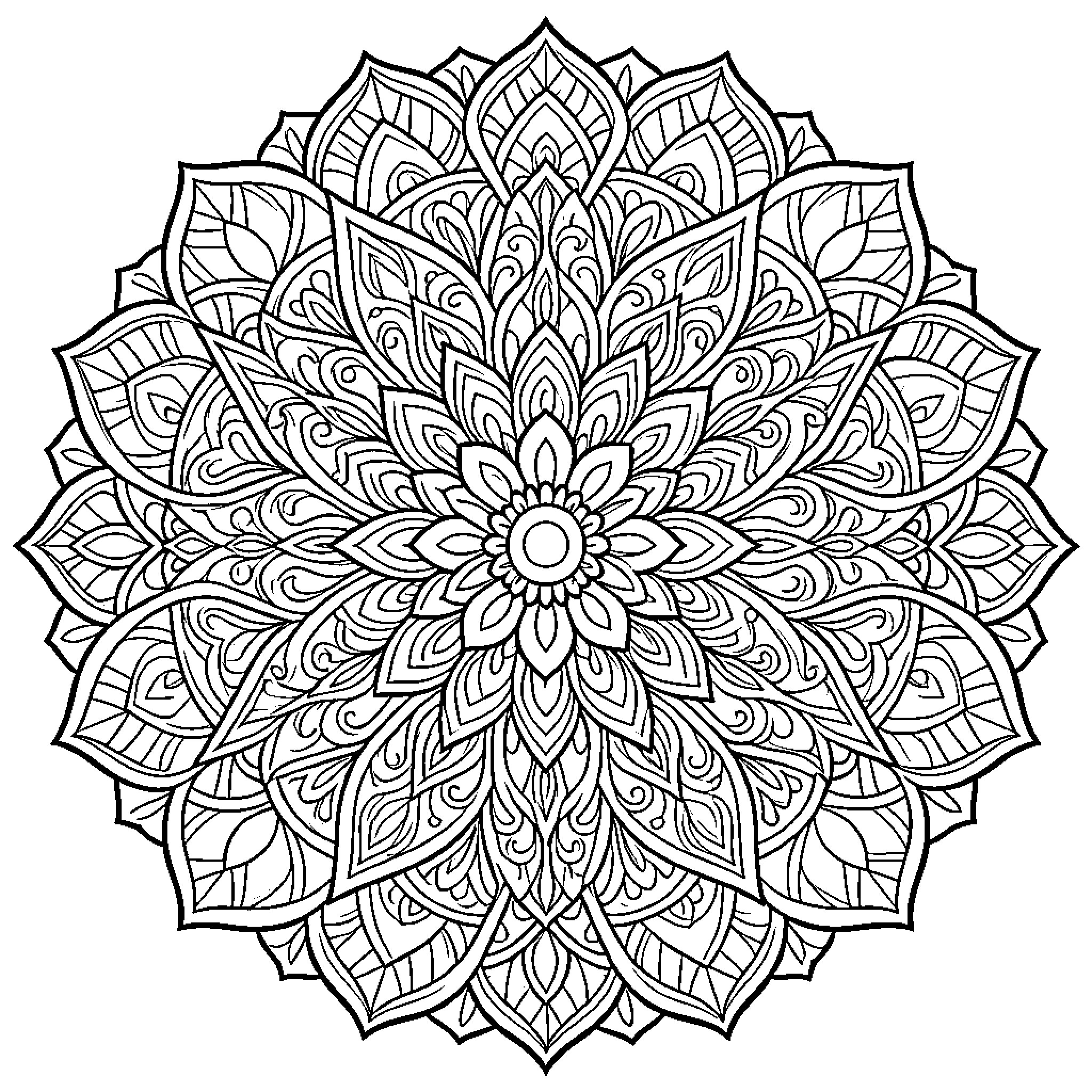 Mandala of intricate floral patterns and symmetry Coloring Page (free black-and-white line drawing printable PDF for all, from beginners to advanced learners, including children, teens, adults, and seniors)
