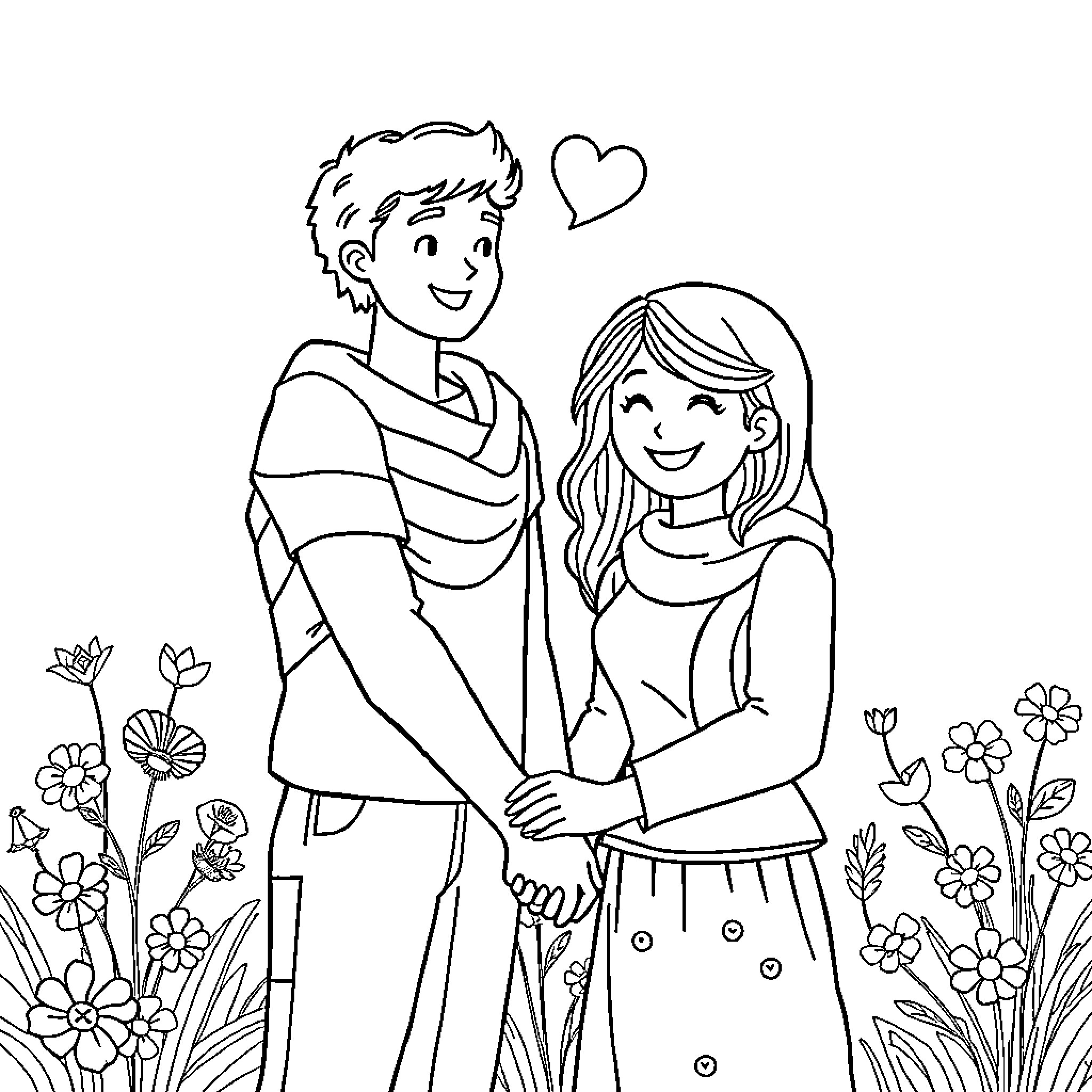 Love blooms amidst the flowers Coloring Page (free black-and-white line drawing printable PDF for all, from beginners to advanced learners, including children, teens, adults, and seniors)