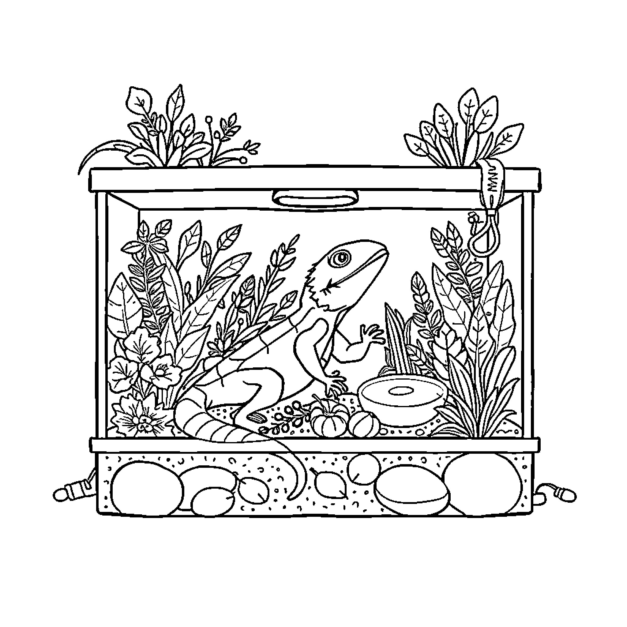 Lizard exploring its terrarium habitat Coloring Page (free black-and-white line drawing printable PDF for all, from beginners to advanced learners, including children, teens, adults, and seniors)