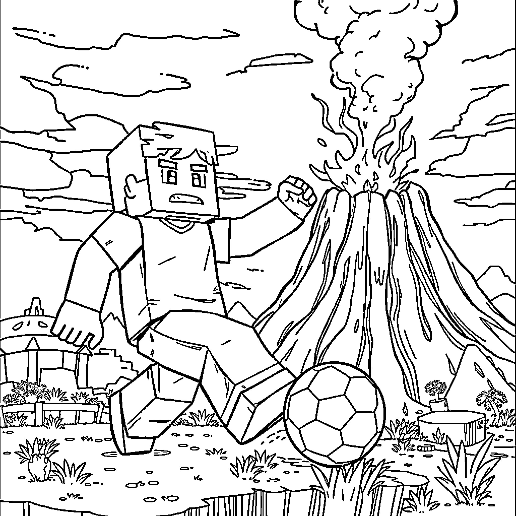 Minecraft Steve exploring a volcanic landscape Coloring Page (free black-and-white line drawing printable PDF for all, from beginners to advanced learners, including children, teens, adults, and seniors)