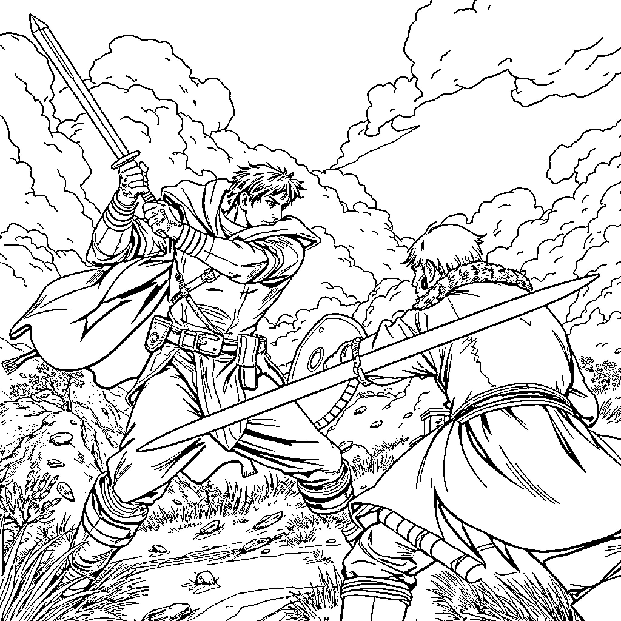 Eren Jaeger wielding a sword in a battle scene Coloring Page (free black-and-white line drawing printable PDF for all, from beginners to advanced learners, including children, teens, adults, and seniors)