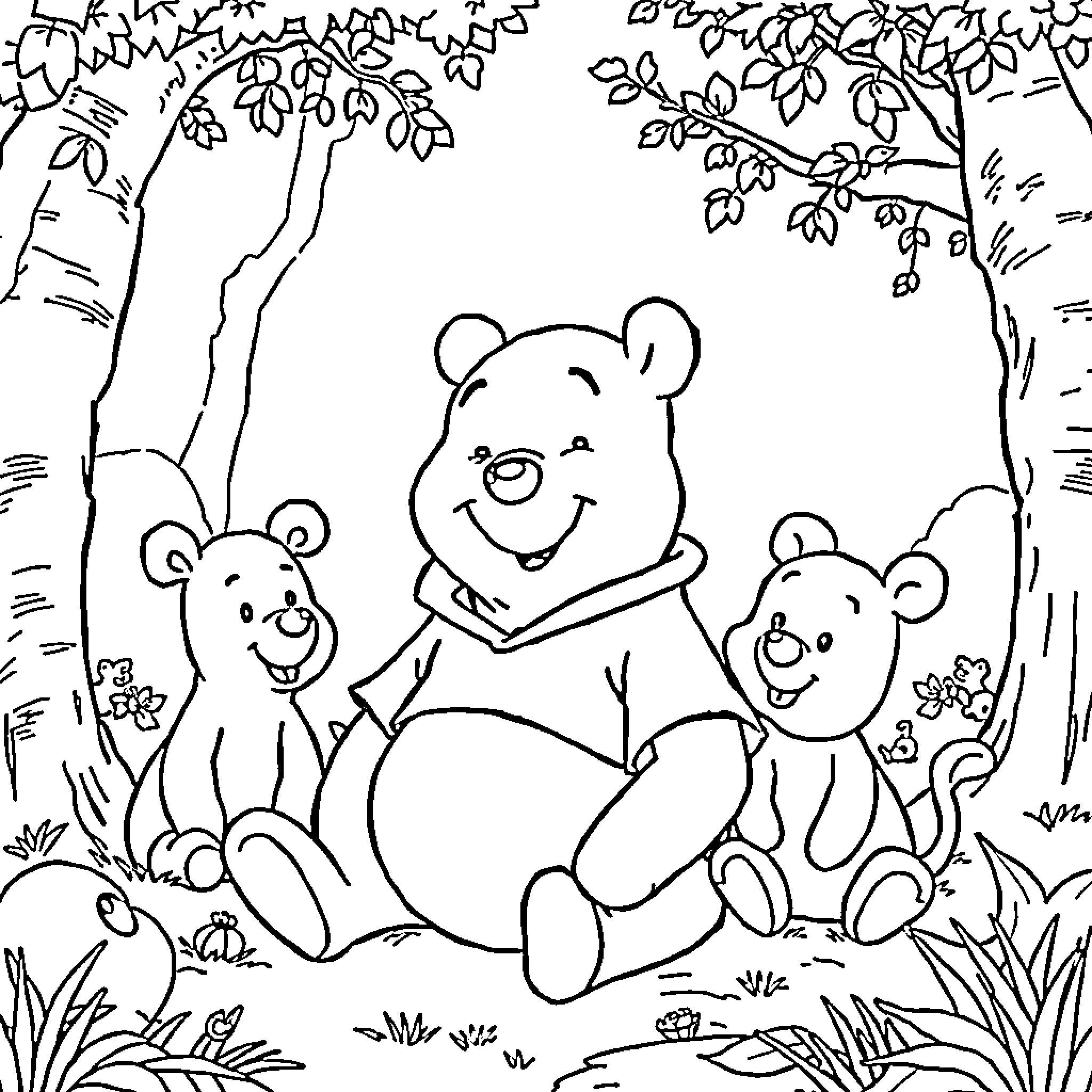 Winnie The Pooh and friends enjoying the forest Coloring Page (free black-and-white line drawing printable PDF for all, from beginners to advanced learners, including children, teens, adults, and seniors)