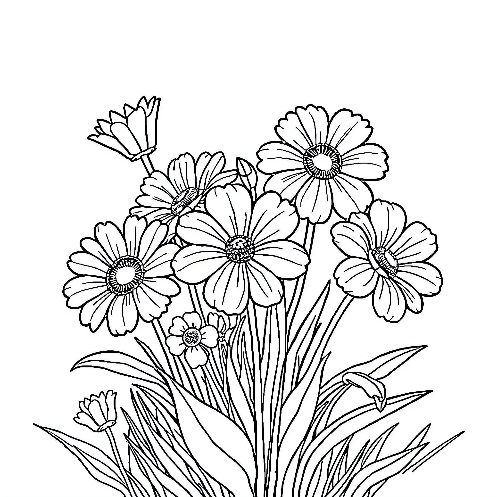 Flower Bouquet in Artistic Illustration Coloring Page (free black-and-white line drawing printable PDF for all, from beginners to advanced learners, including children, teens, adults, and seniors)