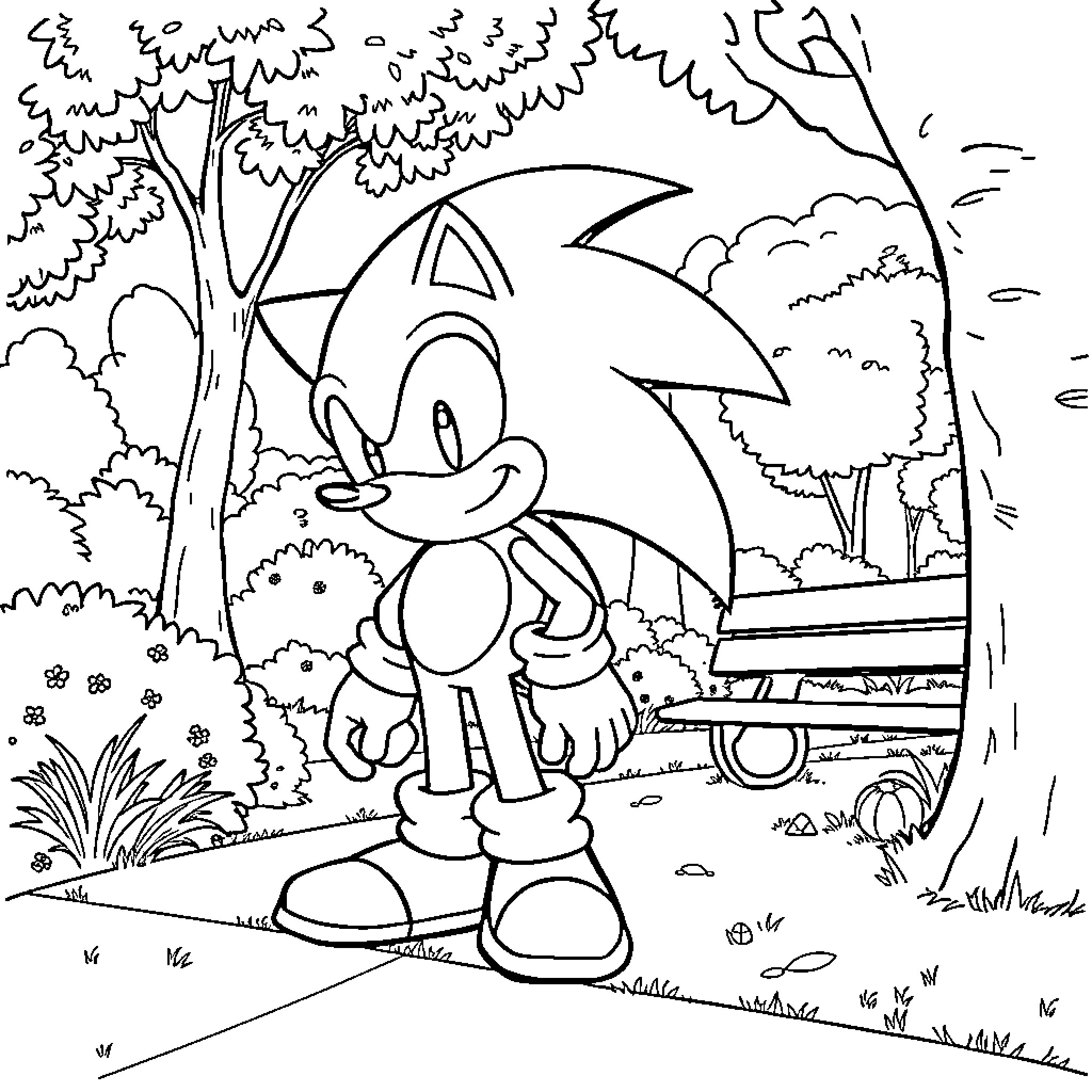 Sonic enjoying a peaceful walk through the woods Coloring Page (free black-and-white line drawing printable PDF for all, from beginners to advanced learners, including children, teens, adults, and seniors)