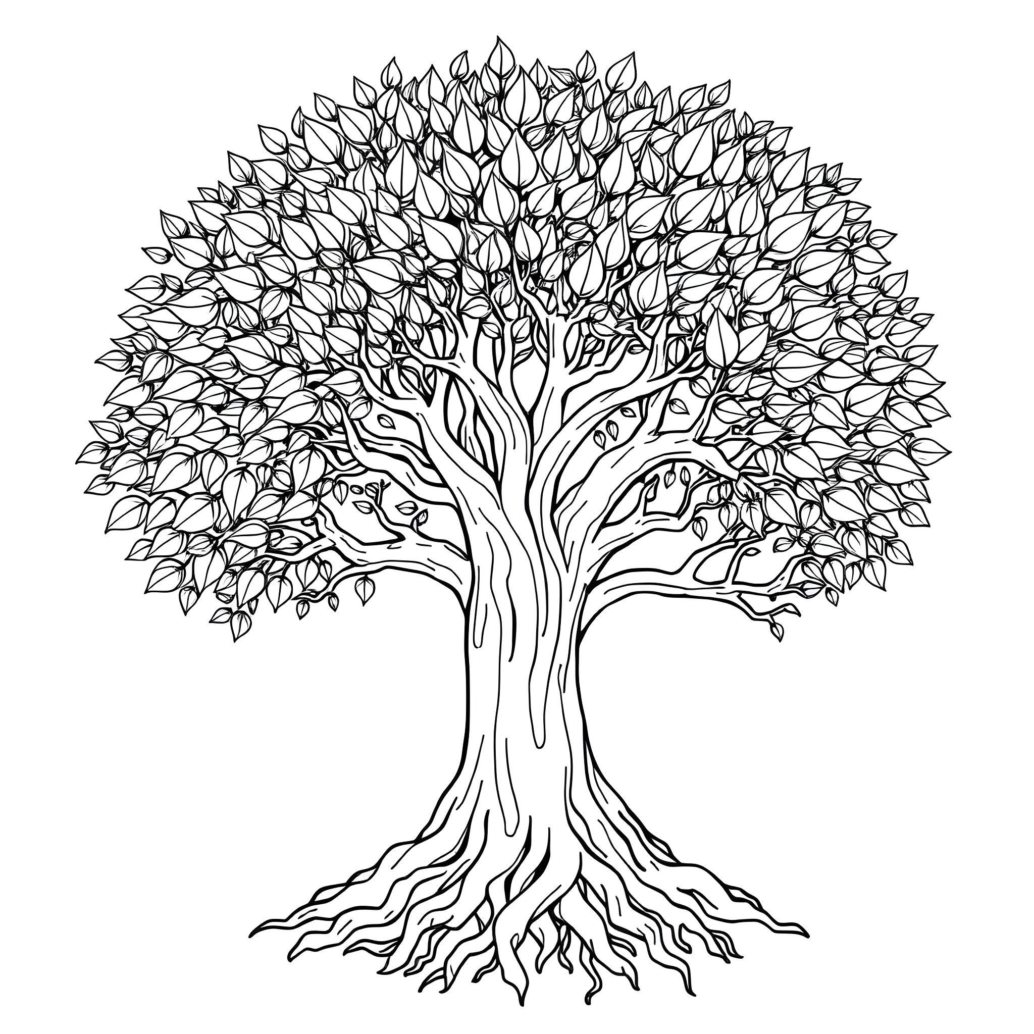Tree with Intricate Leaves and Roots Coloring Page (free black-and-white line drawing printable PDF for all, from beginners to advanced learners, including children, teens, adults, and seniors)