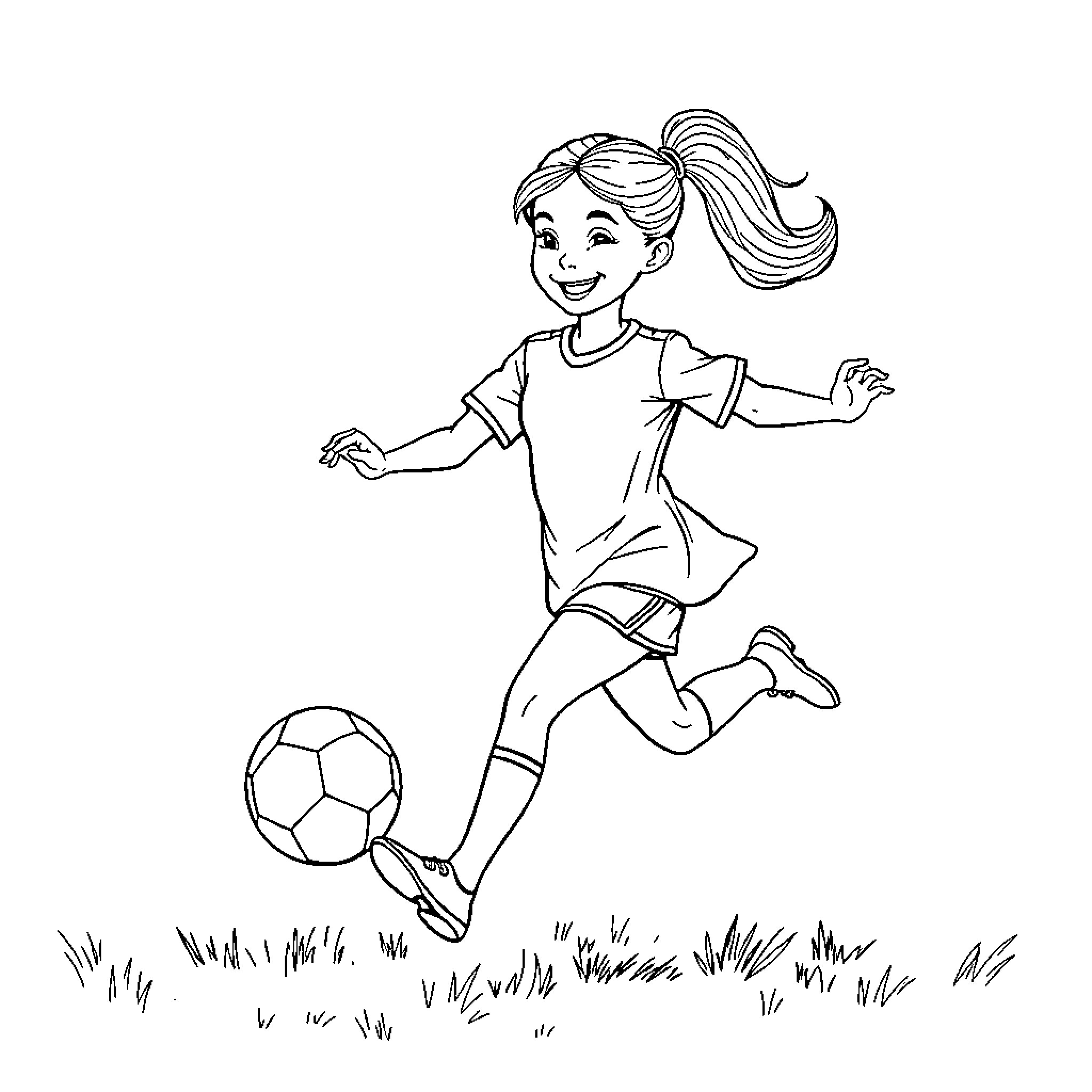 Girl playing with soccer ball on field Coloring Page (free black-and-white line drawing printable PDF for all, from beginners to advanced learners, including children, teens, adults, and seniors)
