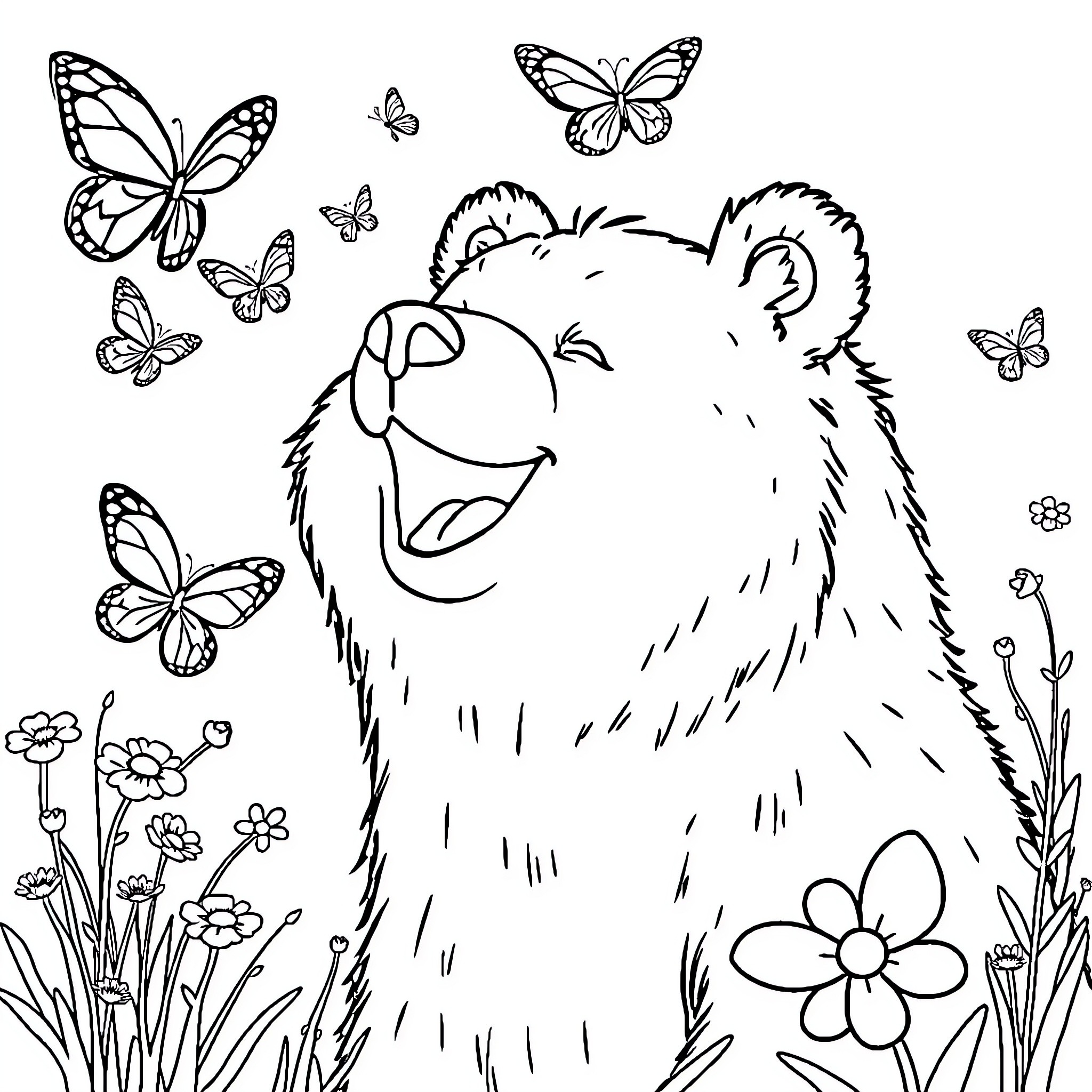 Bear surrounded by joyful butterflies and flowers Coloring Page (free black-and-white line drawing printable PDF for all, from beginners to advanced learners, including children, teens, adults, and seniors)