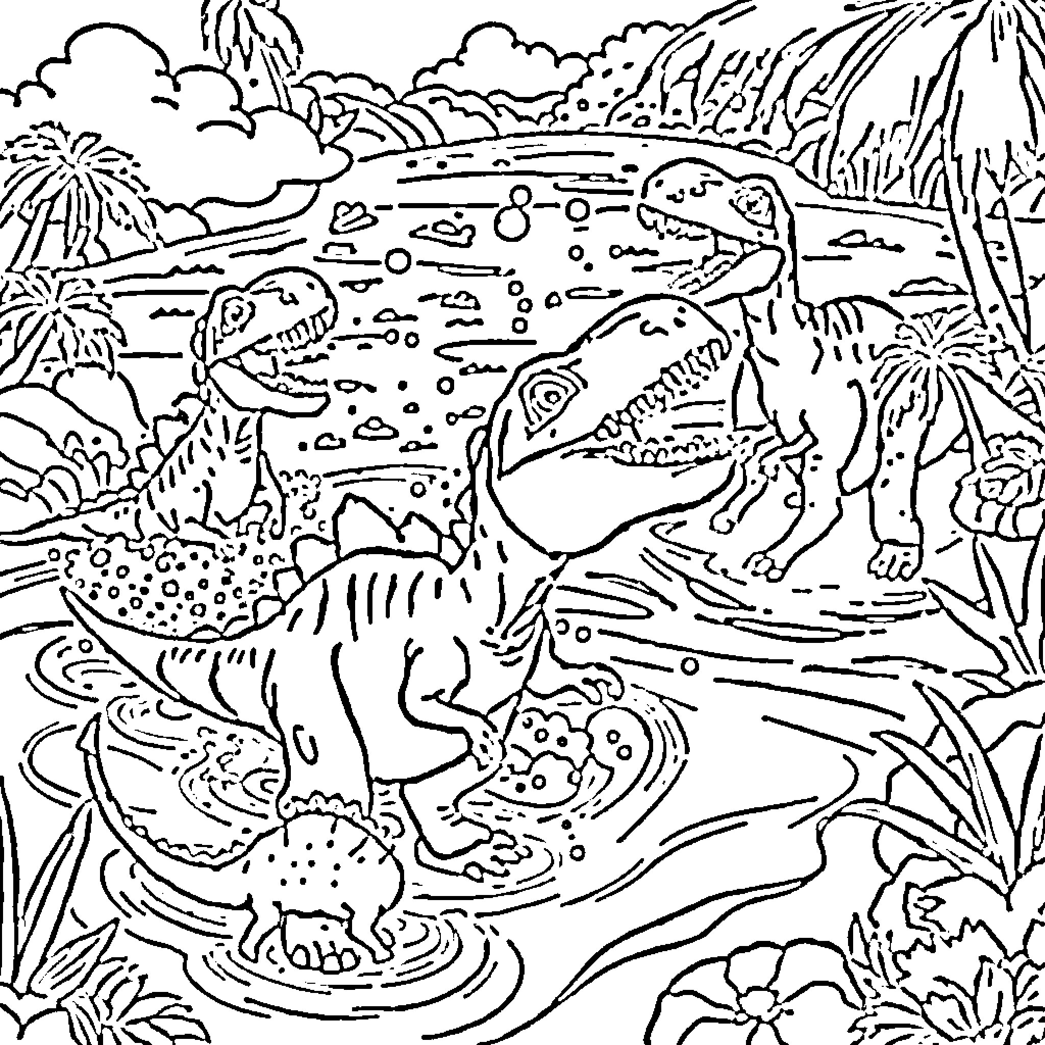 Dinosaurs Frolicking in Tropical Landscape Coloring Page (free black-and-white line drawing printable PDF for all, from beginners to advanced learners, including children, teens, adults, and seniors)