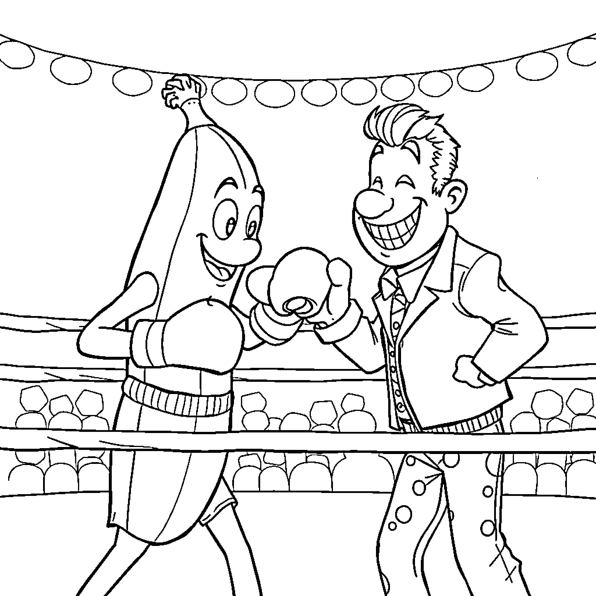 Banana Man performs with cheerful assistant in the ring Coloring Page (free black-and-white line drawing printable PDF for all, from beginners to advanced learners, including children, teens, adults, and seniors)