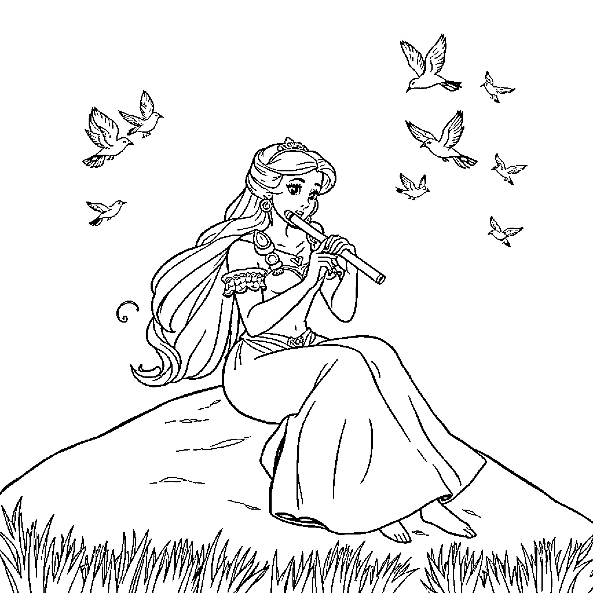 Princess Fiona playing with butterflies in a serene meadow Coloring Page (free black-and-white line drawing printable PDF for all, from beginners to advanced learners, including children, teens, adults, and seniors)