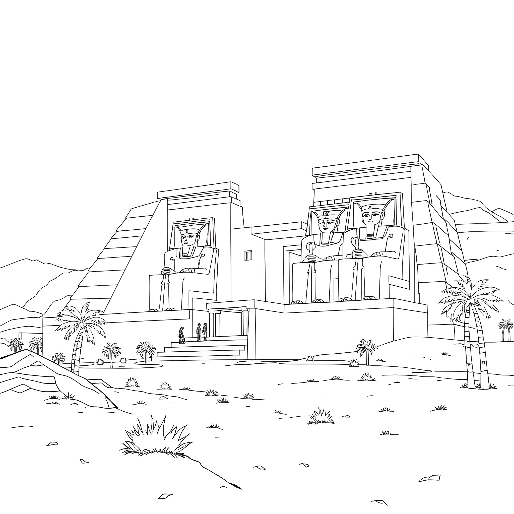 Temple with grand statues and structures in the desert Coloring Page (free black-and-white line drawing printable PDF for all, from beginners to advanced learners, including children, teens, adults, and seniors)