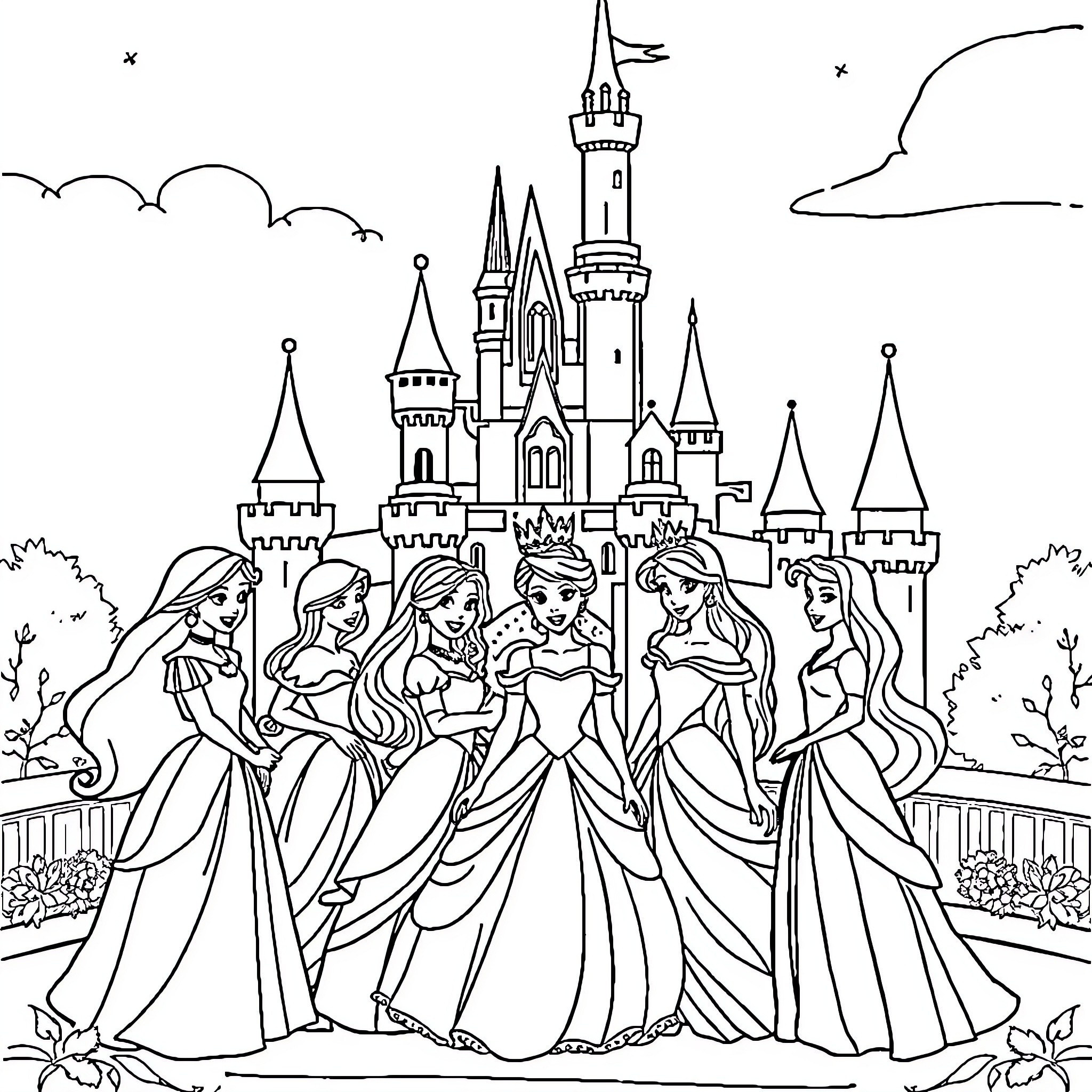 Princesses at the Magical Castle Coloring Page (free black-and-white line drawing printable PDF for all, from beginners to advanced learners, including children, teens, adults, and seniors)