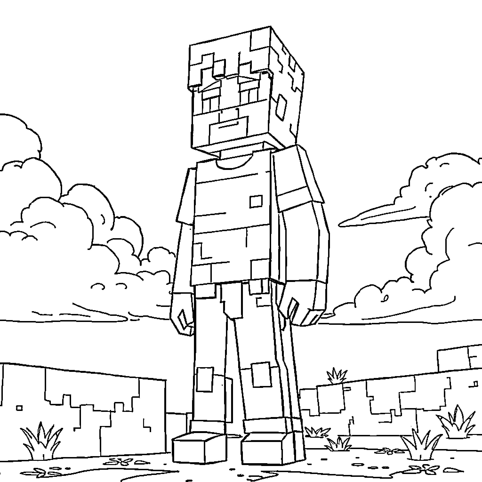Steve's Cubist Adventure in the Blocky Outdoors Coloring Page (free black-and-white line drawing printable PDF for all, from beginners to advanced learners, including children, teens, adults, and seniors)