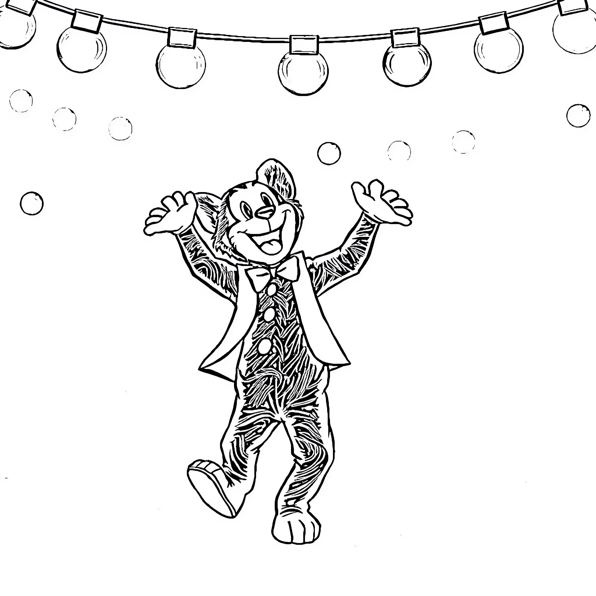 Mitch's Silly Antics Under Festive Lights Coloring Page (free black-and-white line drawing printable PDF for all, from beginners to advanced learners, including children, teens, adults, and seniors)