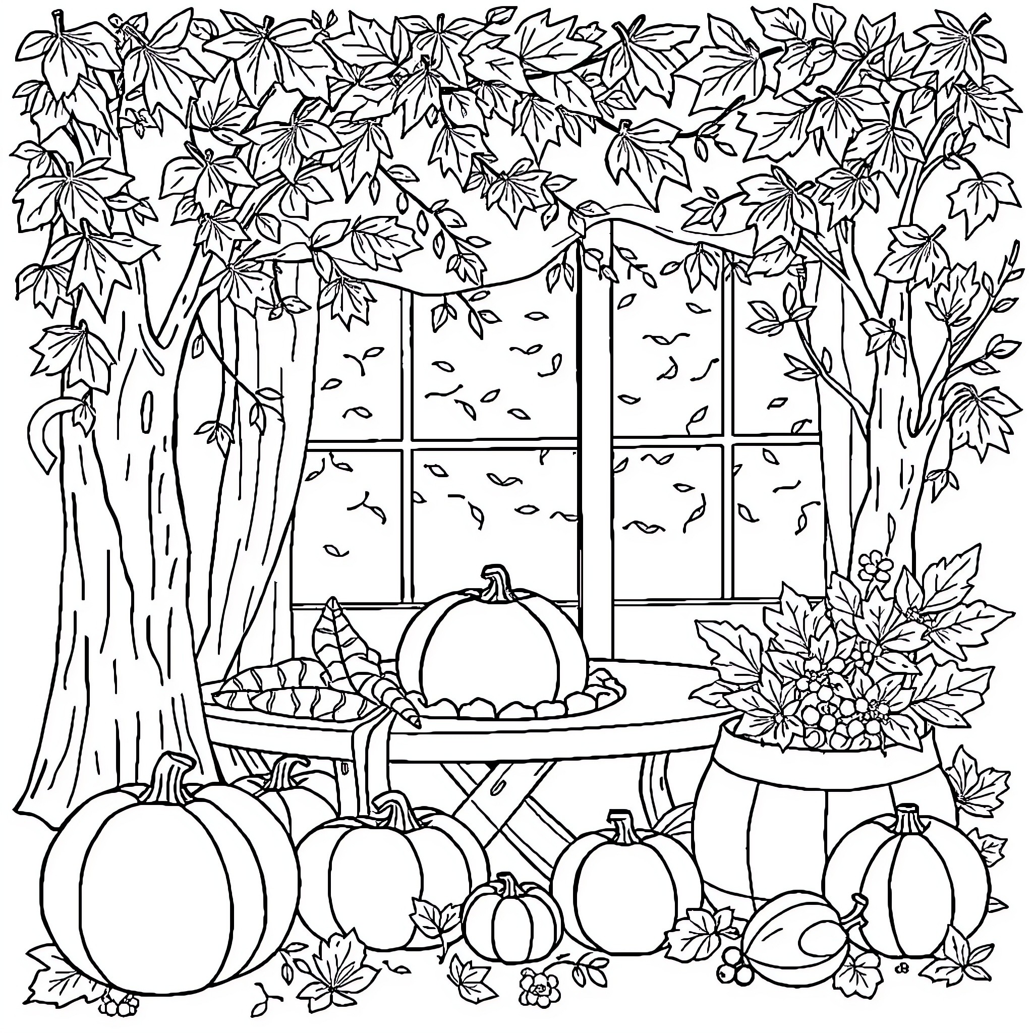 Automne Harvest Scene with Pumpkins and Foliage Coloring Page (free black-and-white line drawing printable PDF for all, from beginners to advanced learners, including children, teens, adults, and seniors)