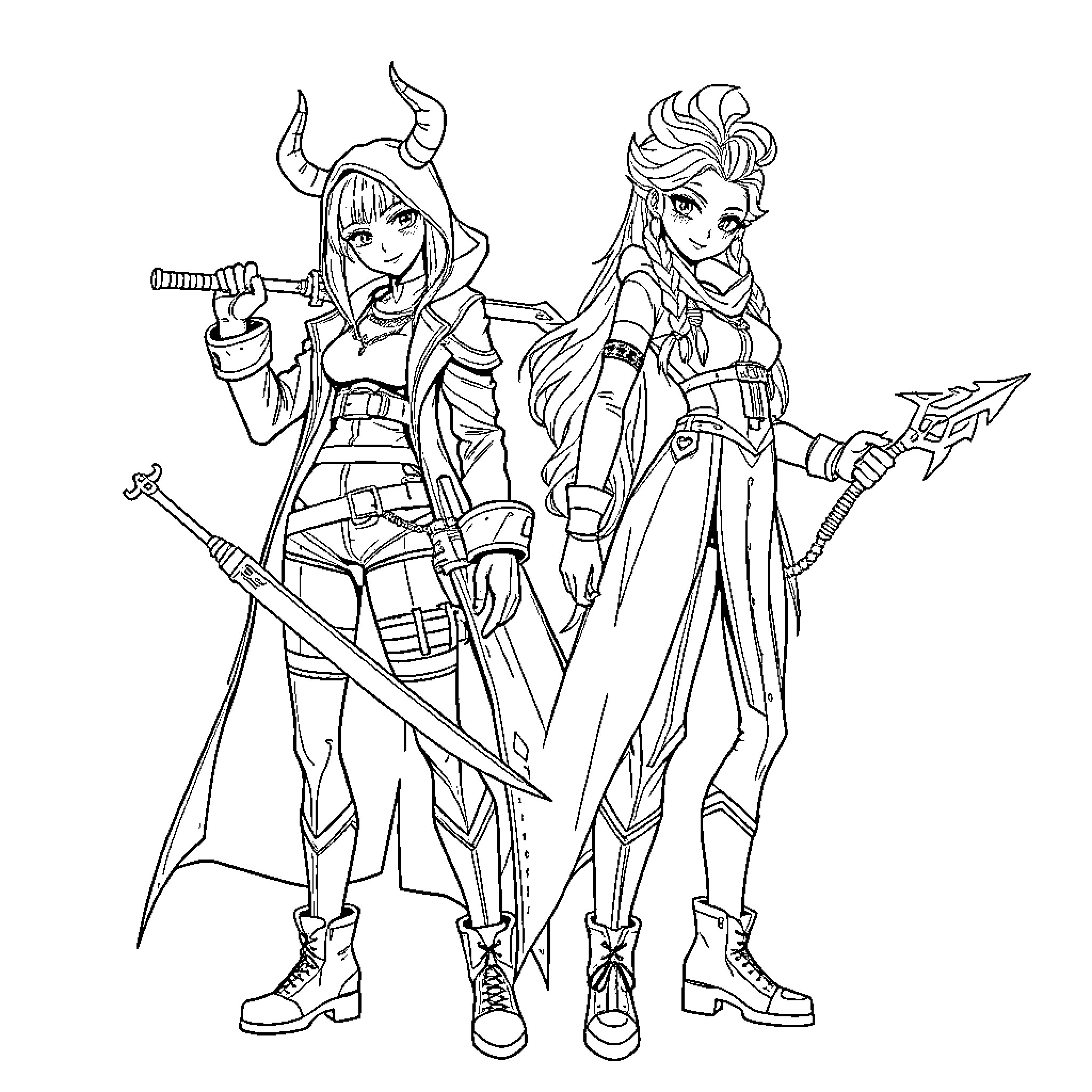 Demon Hunters in Battle Gear Wielding Weapons Coloring Page (free black-and-white line drawing printable PDF for all, from beginners to advanced learners, including children, teens, adults, and seniors)