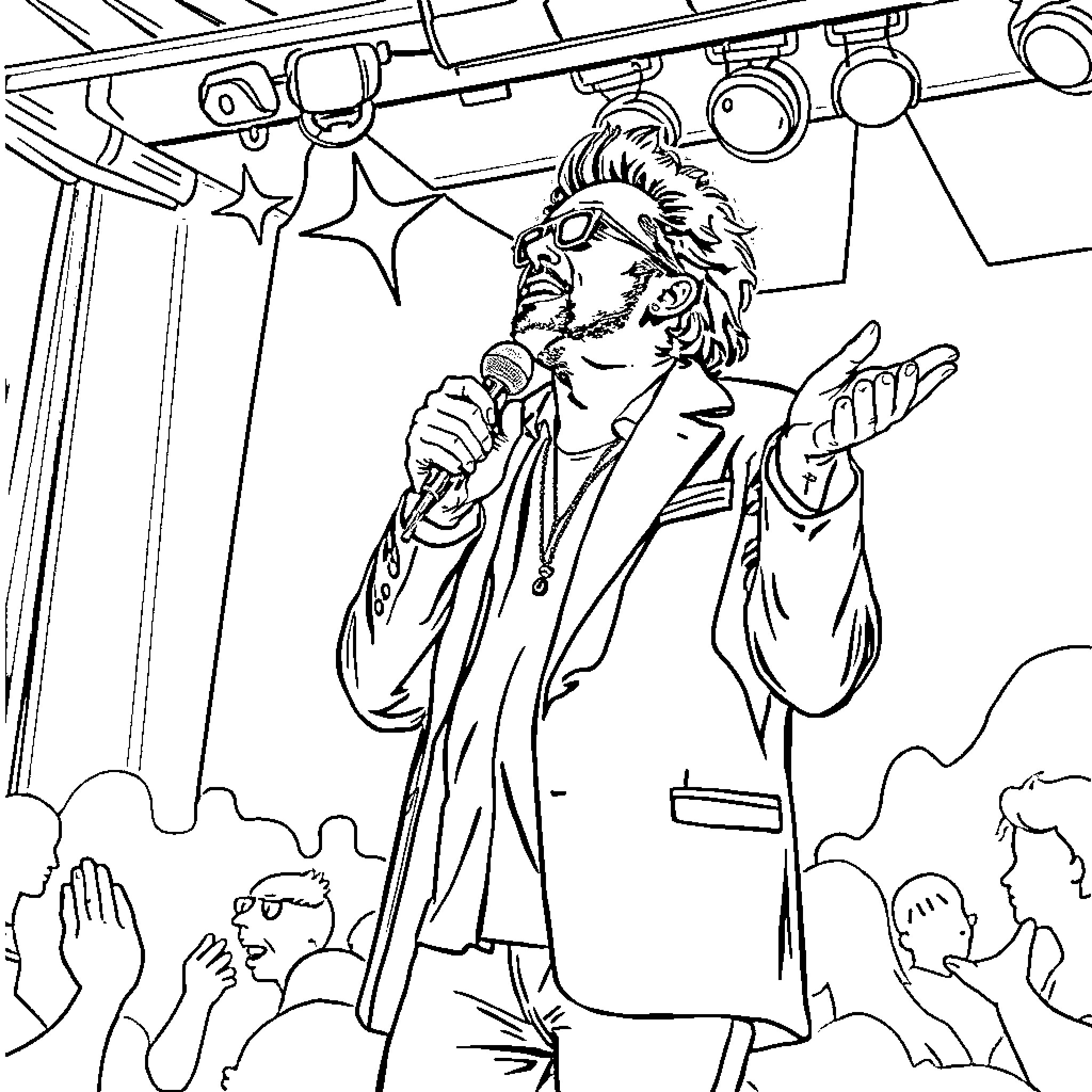 Ycare Performing Musician on Stage with Crowd Coloring Page (free black-and-white line drawing printable PDF for all, from beginners to advanced learners, including children, teens, adults, and seniors)