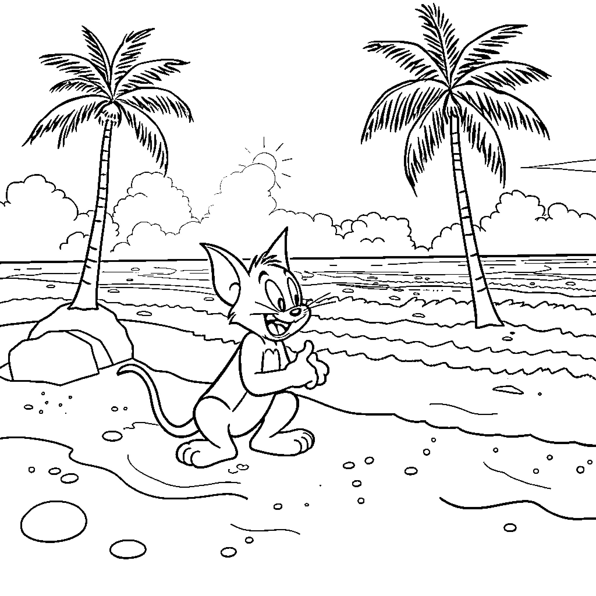 Tom & Jerry at the beach under palm trees Coloring Page (free black-and-white line drawing printable PDF for all, from beginners to advanced learners, including children, teens, adults, and seniors)