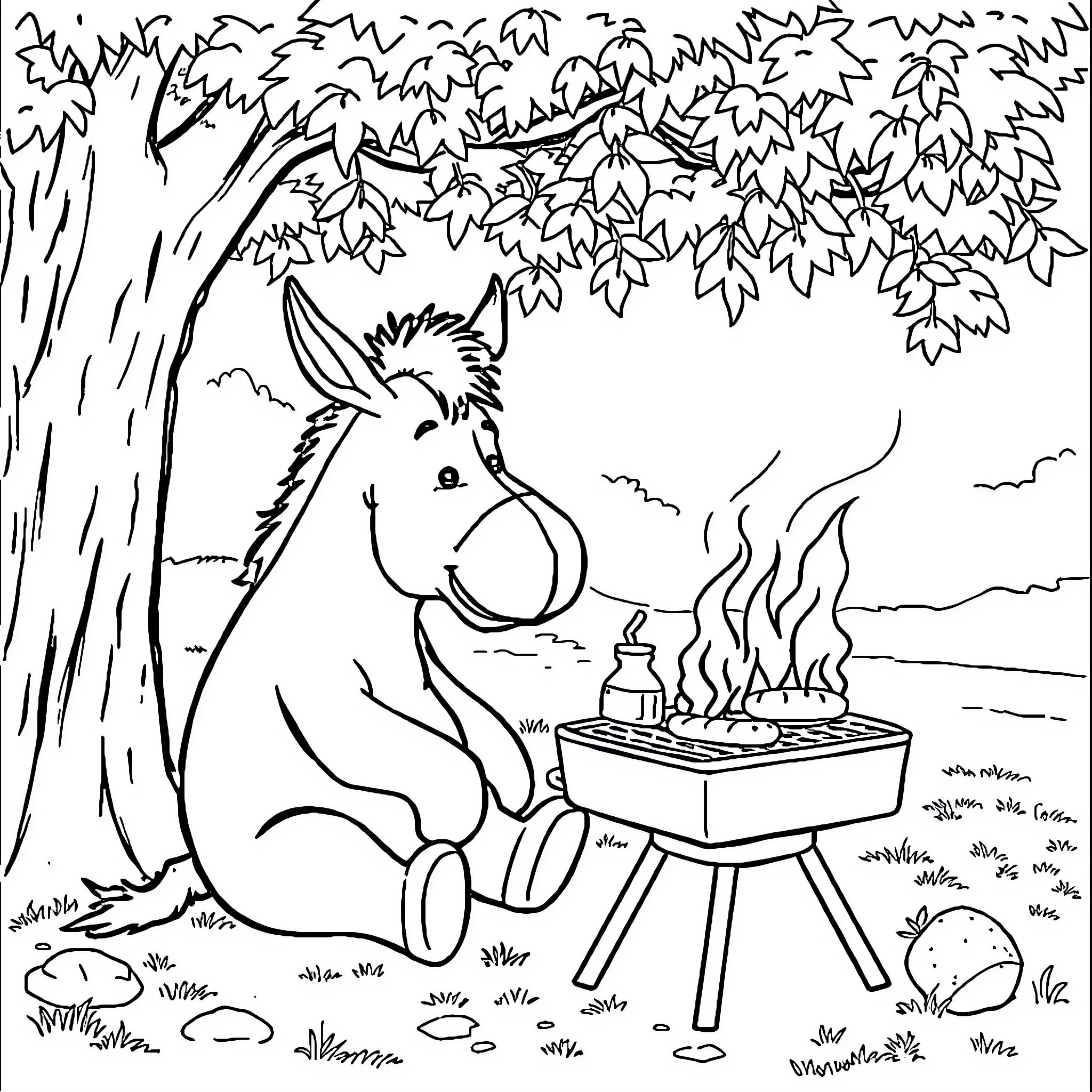 Eeyore grilling outdoors in the forest Coloring Page (free black-and-white line drawing printable PDF for all, from beginners to advanced learners, including children, teens, adults, and seniors)